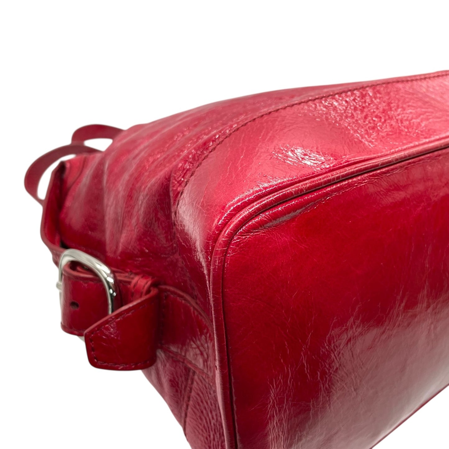 美品 セリーヌ CELINE ビタースウィート Bittersweet ハンドバッグ トートバッグ パテントレザー エナメル 本革 レッド 赤 シルバー金具 ギャザー レディース 肩掛け 軽量 大容量 オールドセリーヌ 鞄 カバン アクセントカラー K3