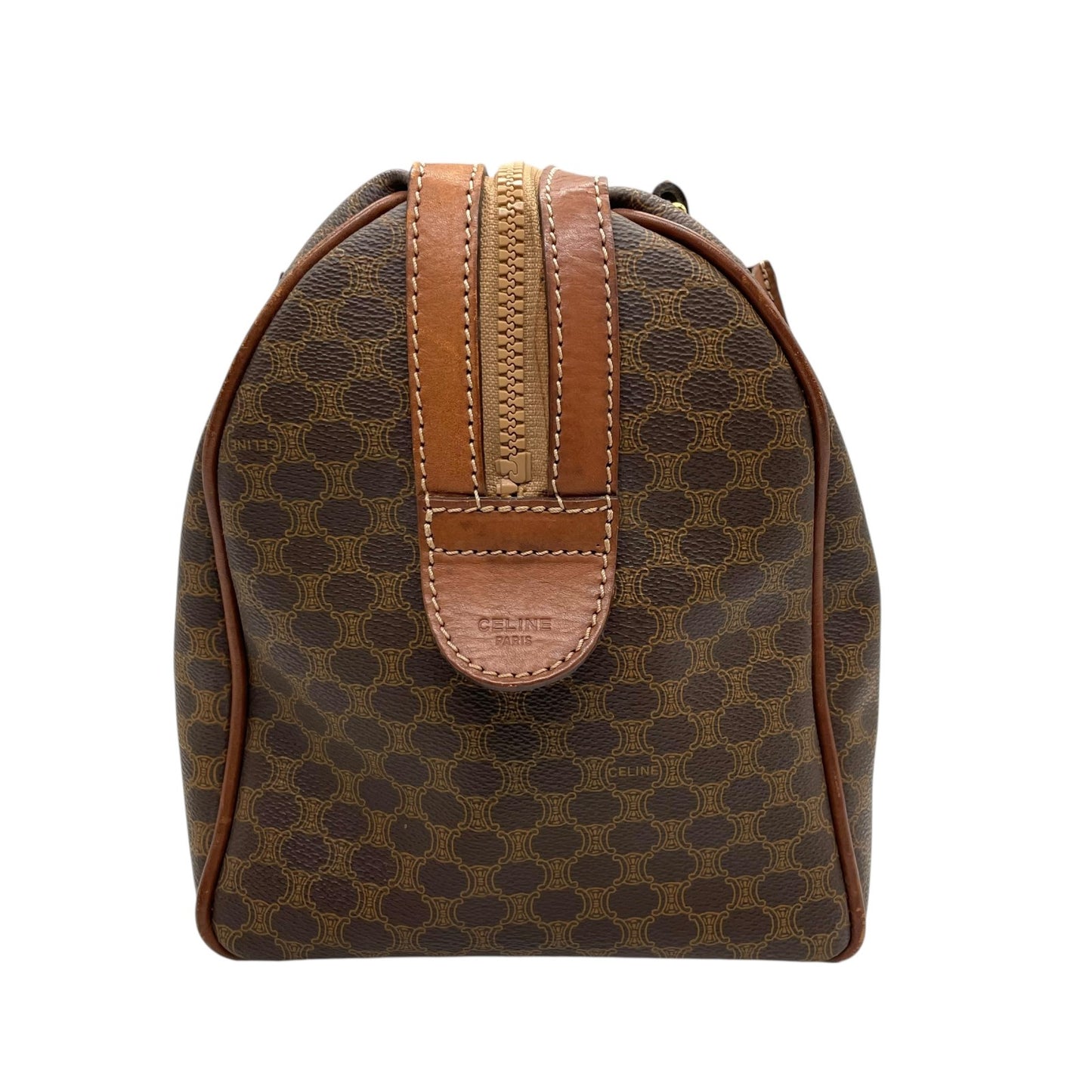 CELINE ヴィンテージ マカダム ミニボストンバッグ M06 オールドセリーヌ トリオンフ PVC レザー ブラウン ゴールド金具 レディース B