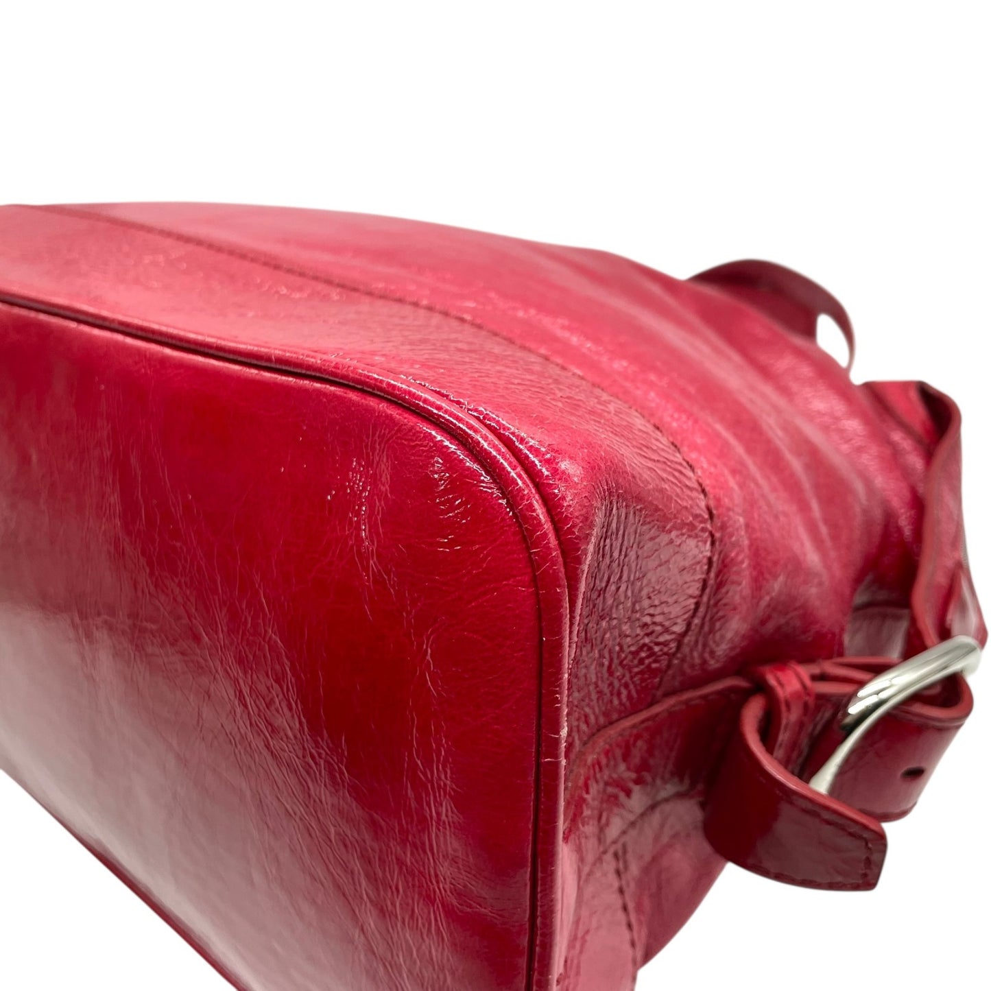 美品 セリーヌ CELINE ビタースウィート Bittersweet ハンドバッグ トートバッグ パテントレザー エナメル 本革 レッド 赤 シルバー金具 ギャザー レディース 肩掛け 軽量 大容量 オールドセリーヌ 鞄 カバン アクセントカラー K3