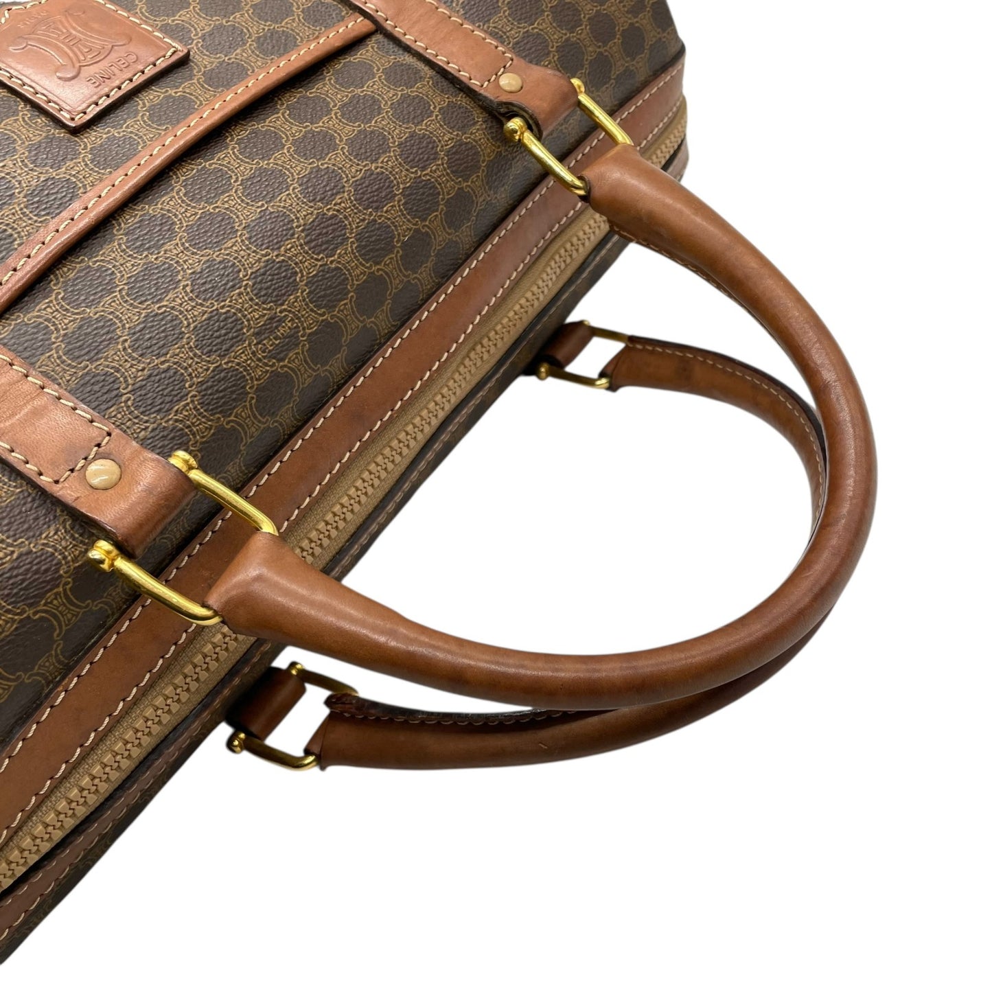 CELINE ヴィンテージ マカダム ミニボストンバッグ M06 オールドセリーヌ トリオンフ PVC レザー ブラウン ゴールド金具 レディース B