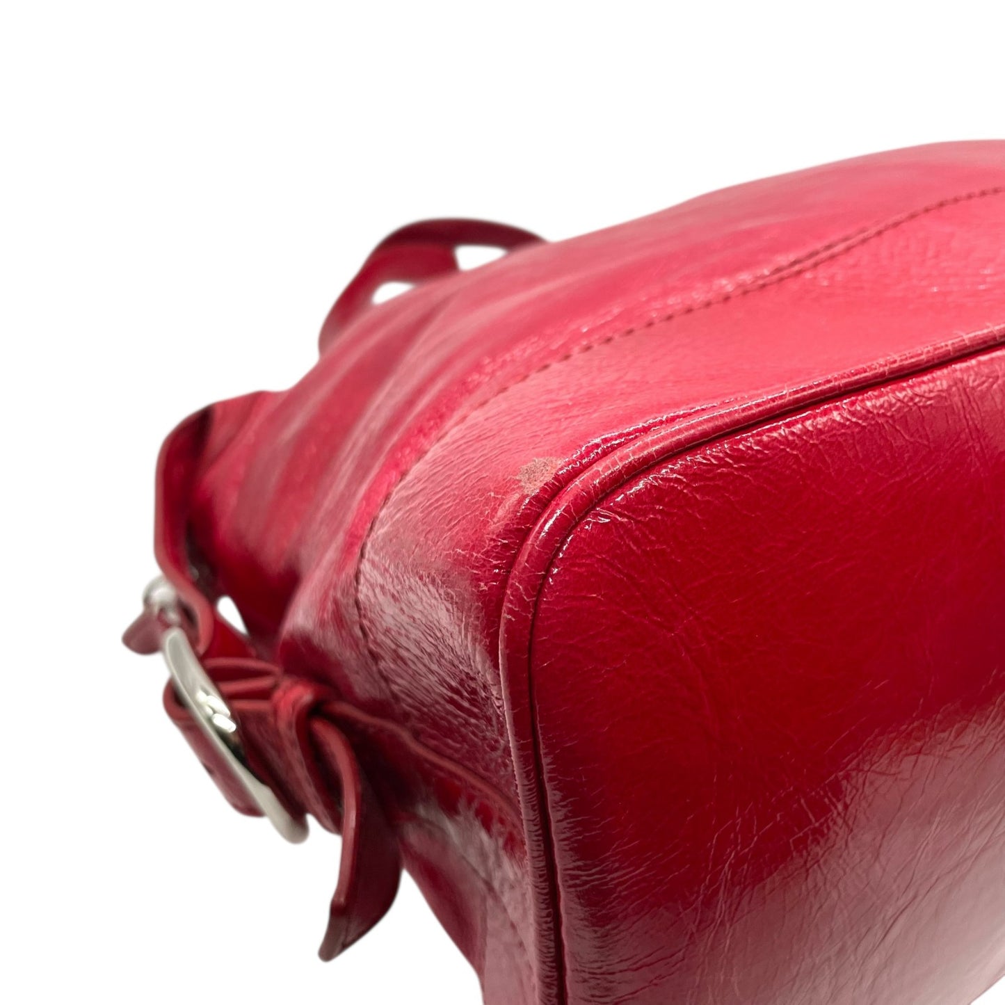 美品 セリーヌ CELINE ビタースウィート Bittersweet ハンドバッグ トートバッグ パテントレザー エナメル 本革 レッド 赤 シルバー金具 ギャザー レディース 肩掛け 軽量 大容量 オールドセリーヌ 鞄 カバン アクセントカラー K3