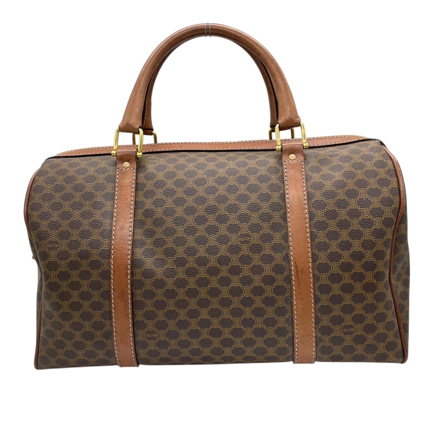 CELINE ヴィンテージ マカダム ミニボストンバッグ M06 オールドセリーヌ トリオンフ PVC レザー ブラウン ゴールド金具 レディース B