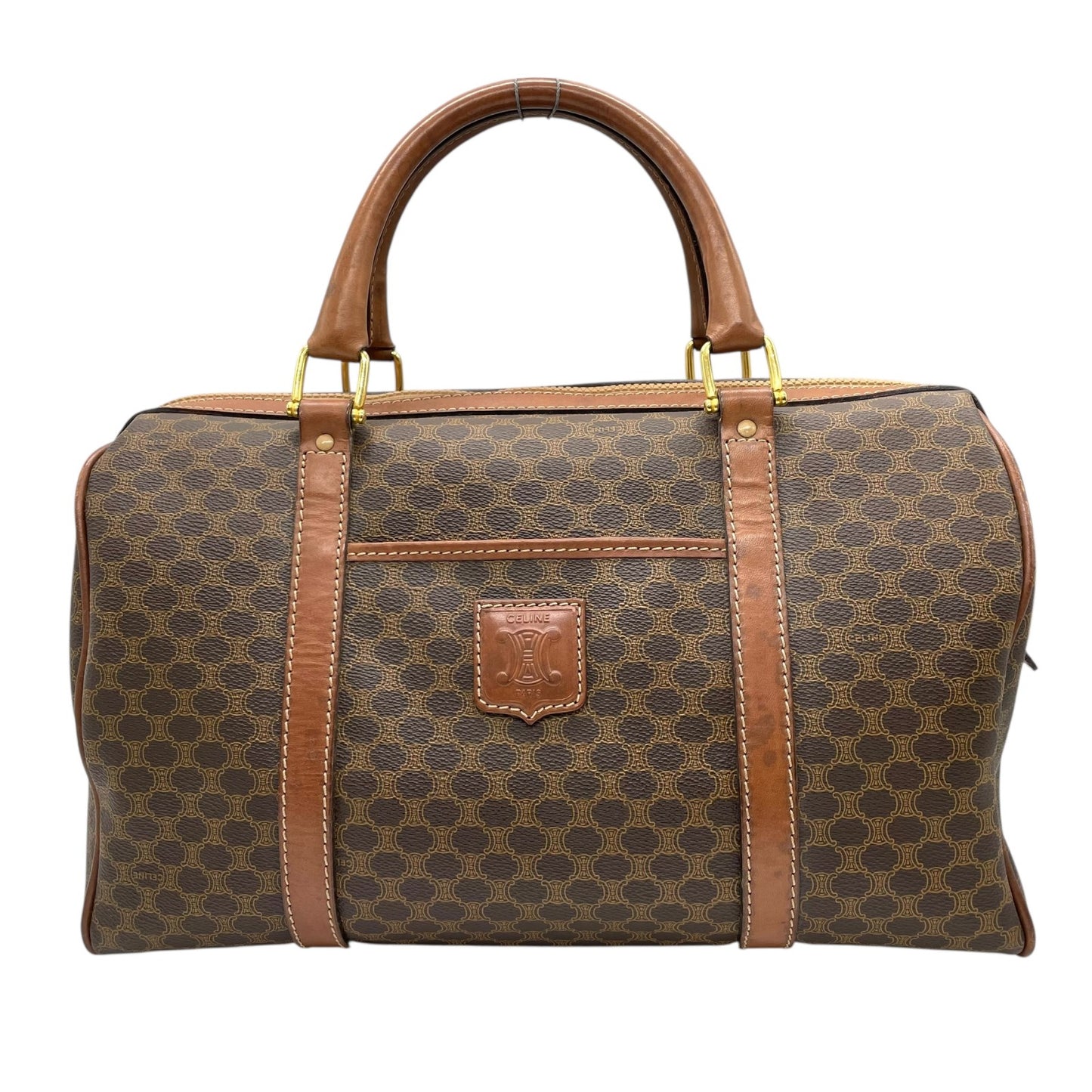 CELINE ヴィンテージ マカダム ミニボストンバッグ M06 オールドセリーヌ トリオンフ PVC レザー ブラウン ゴールド金具 レディース B