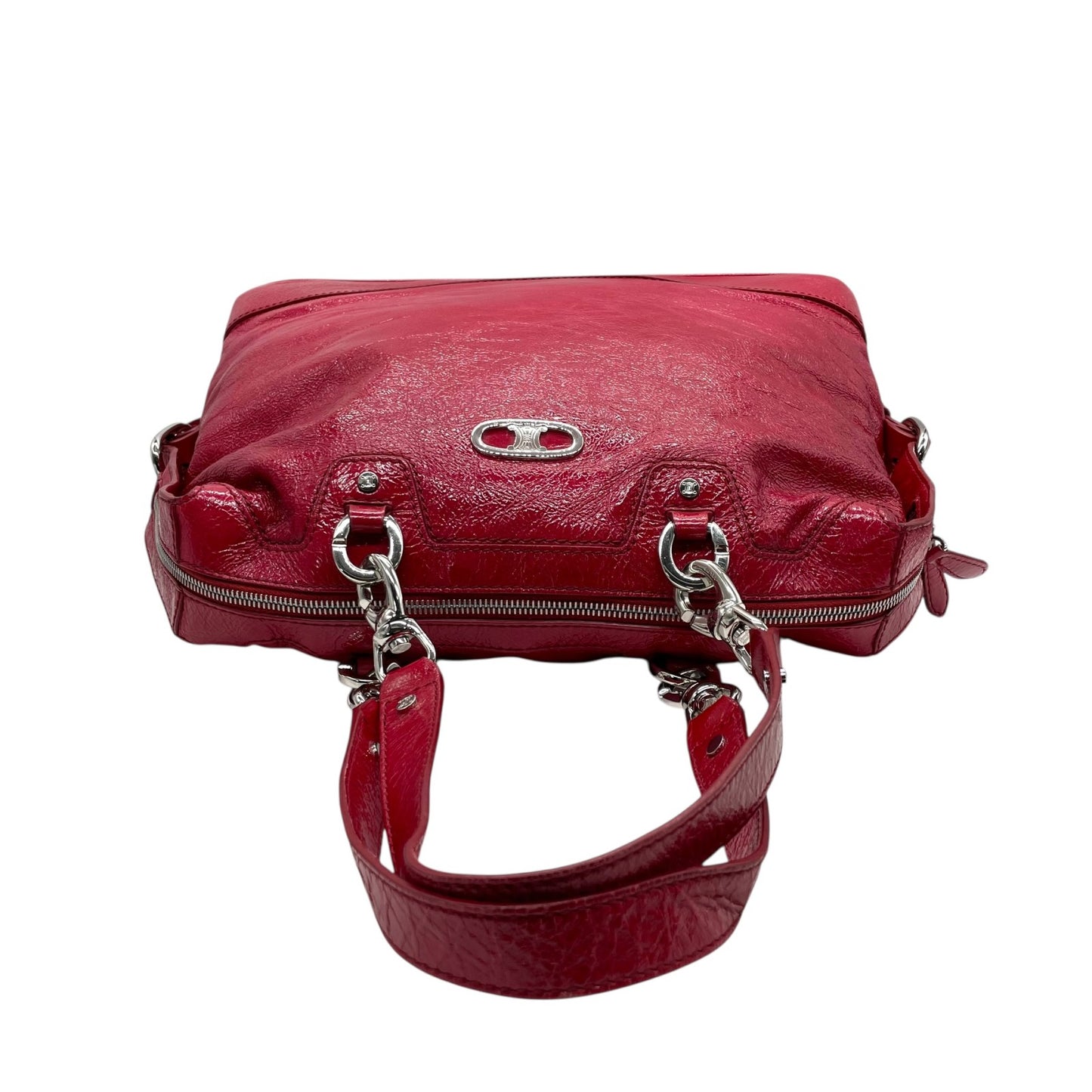 美品 セリーヌ CELINE ビタースウィート Bittersweet ハンドバッグ トートバッグ パテントレザー エナメル 本革 レッド 赤 シルバー金具 ギャザー レディース 肩掛け 軽量 大容量 オールドセリーヌ 鞄 カバン アクセントカラー K3