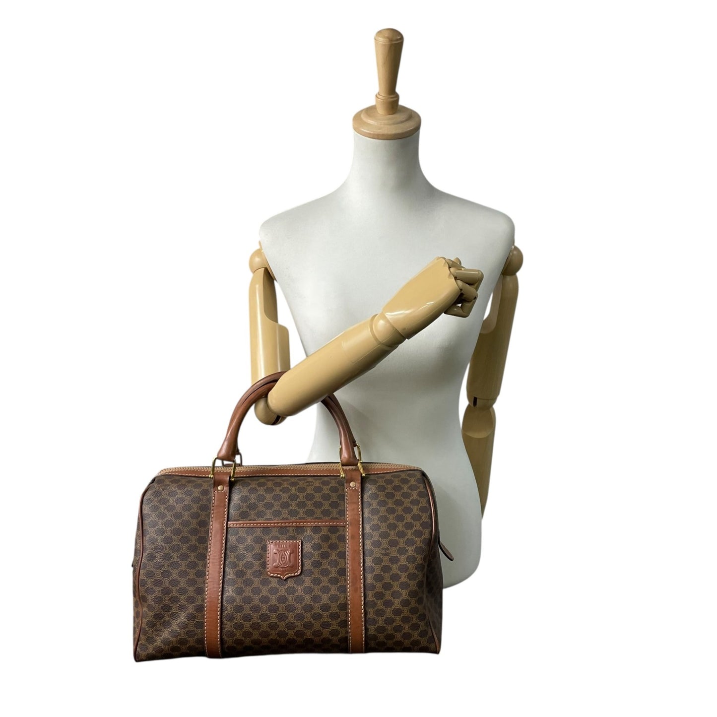 CELINE ヴィンテージ マカダム ミニボストンバッグ M06 オールドセリーヌ トリオンフ PVC レザー ブラウン ゴールド金具 レディース B