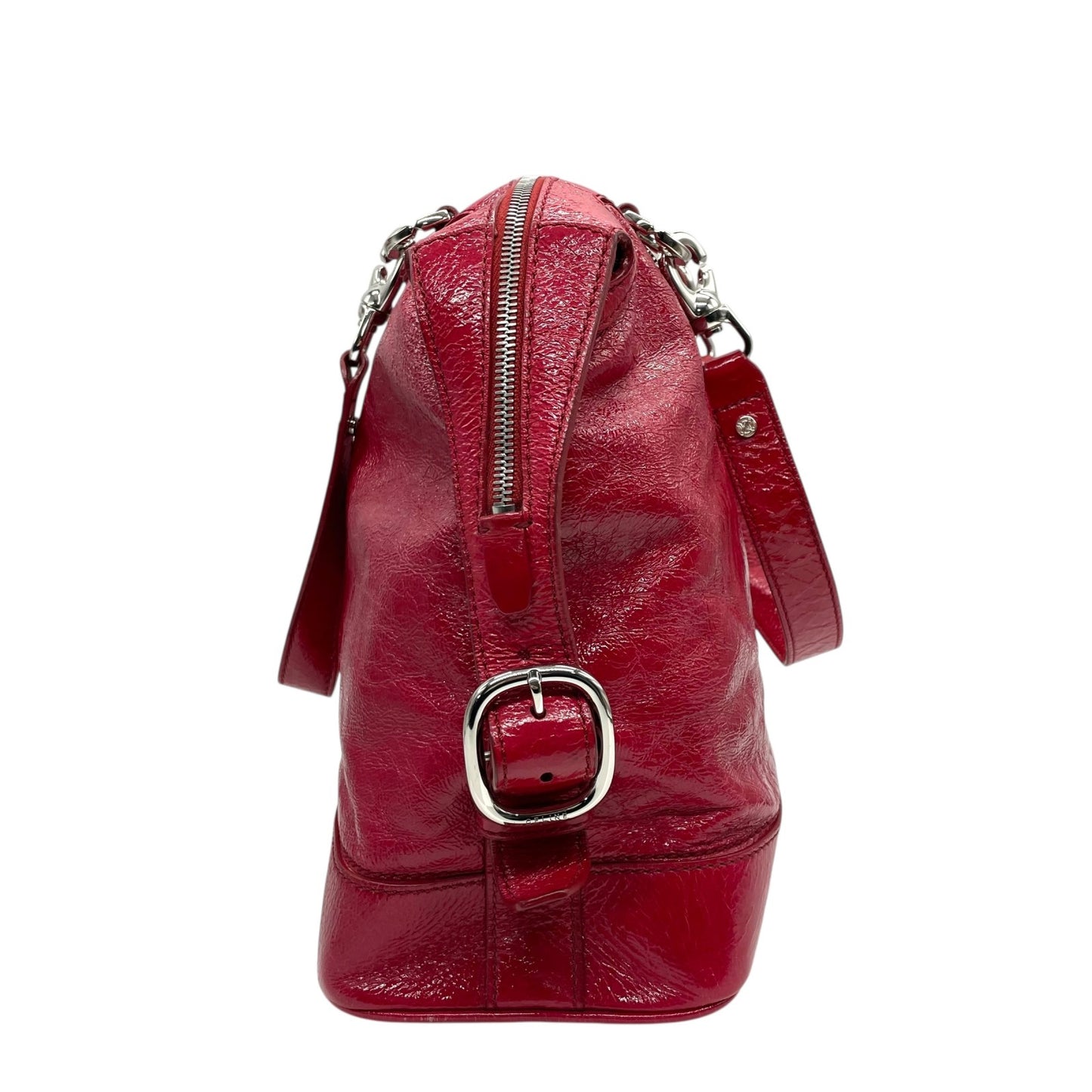 美品 セリーヌ CELINE ビタースウィート Bittersweet ハンドバッグ トートバッグ パテントレザー エナメル 本革 レッド 赤 シルバー金具 ギャザー レディース 肩掛け 軽量 大容量 オールドセリーヌ 鞄 カバン アクセントカラー K3