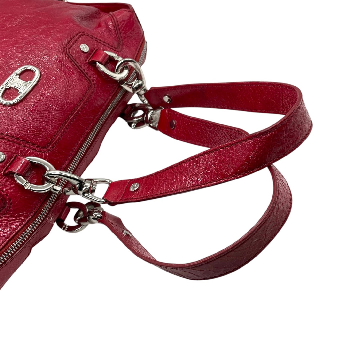 美品 セリーヌ CELINE ビタースウィート Bittersweet ハンドバッグ トートバッグ パテントレザー エナメル 本革 レッド 赤 シルバー金具 ギャザー レディース 肩掛け 軽量 大容量 オールドセリーヌ 鞄 カバン アクセントカラー K3