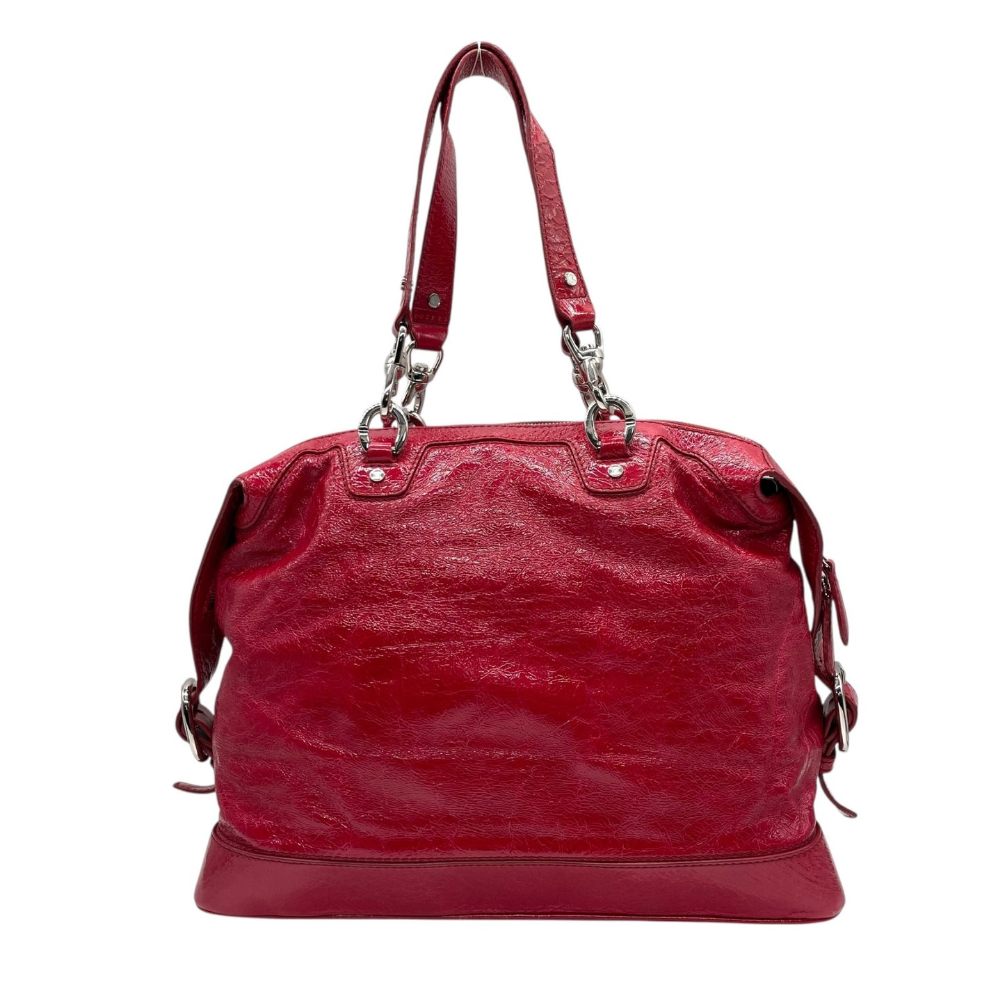 美品 セリーヌ CELINE ビタースウィート Bittersweet ハンドバッグ トートバッグ パテントレザー エナメル 本革 レッド 赤 シルバー金具 ギャザー レディース 肩掛け 軽量 大容量 オールドセリーヌ 鞄 カバン アクセントカラー K3