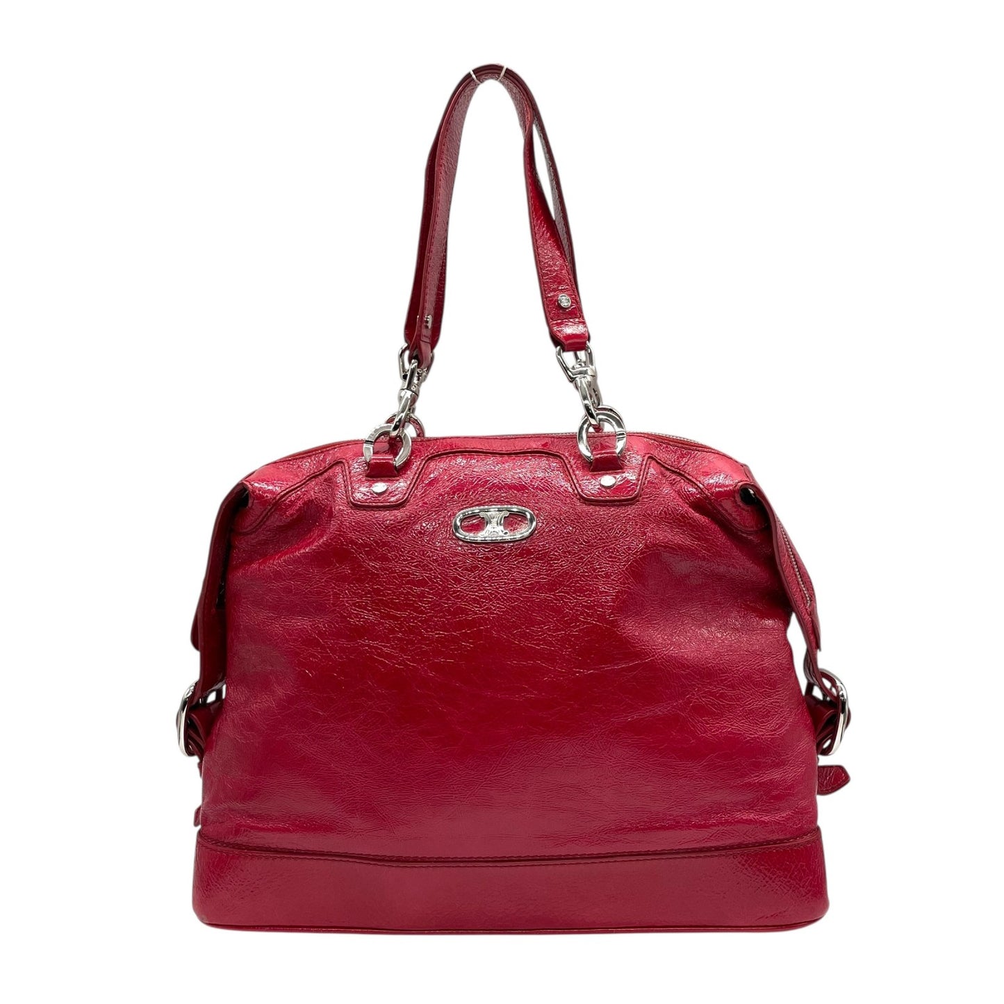 美品 セリーヌ CELINE ビタースウィート Bittersweet ハンドバッグ トートバッグ パテントレザー エナメル 本革 レッド 赤 シルバー金具 ギャザー レディース 肩掛け 軽量 大容量 オールドセリーヌ 鞄 カバン アクセントカラー K3