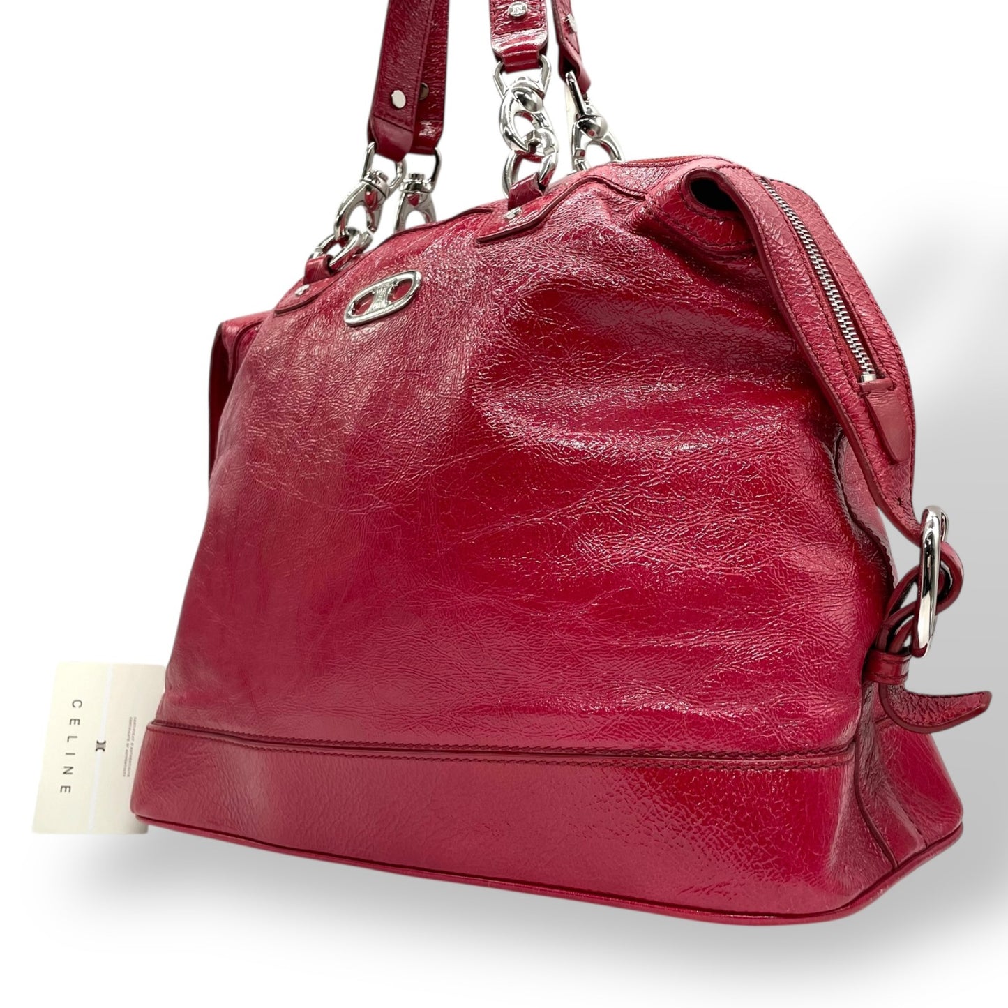 美品 セリーヌ CELINE ビタースウィート Bittersweet ハンドバッグ トートバッグ パテントレザー エナメル 本革 レッド 赤 シルバー金具 ギャザー レディース 肩掛け 軽量 大容量 オールドセリーヌ 鞄 カバン アクセントカラー K3