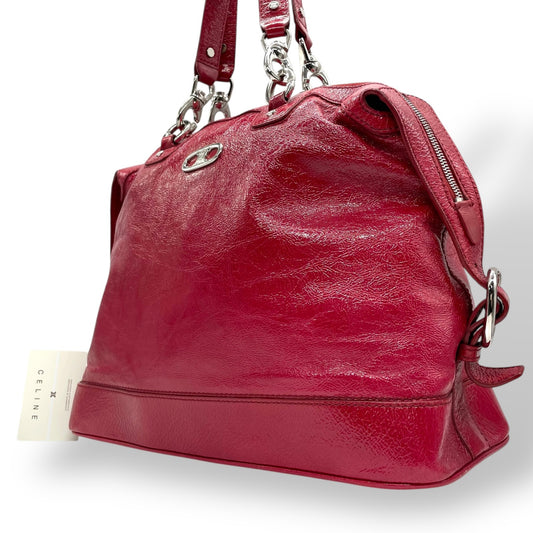 美品 セリーヌ CELINE ビタースウィート Bittersweet ハンドバッグ トートバッグ パテントレザー エナメル 本革 レッド 赤 シルバー金具 ギャザー レディース 肩掛け 軽量 大容量 オールドセリーヌ 鞄 カバン アクセントカラー K3