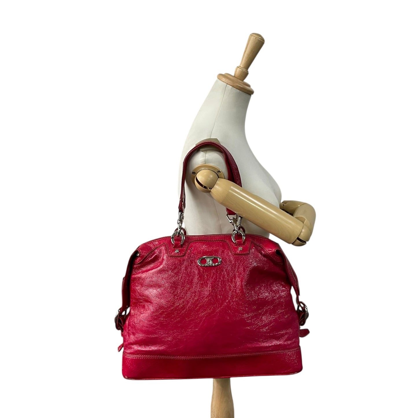 美品 セリーヌ CELINE ビタースウィート Bittersweet ハンドバッグ トートバッグ パテントレザー エナメル 本革 レッド 赤 シルバー金具 ギャザー レディース 肩掛け 軽量 大容量 オールドセリーヌ 鞄 カバン アクセントカラー K3