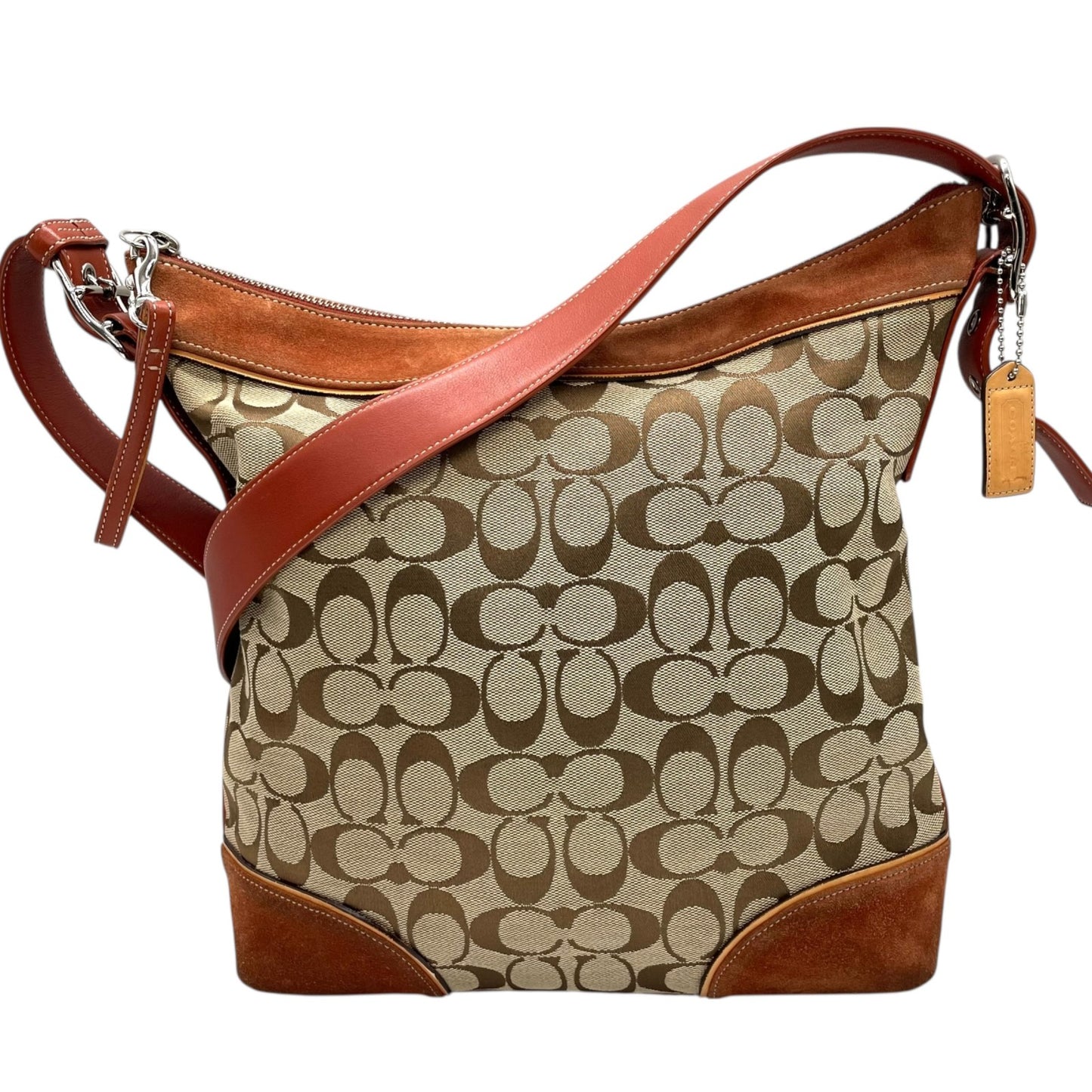 コーチ COACH シグネチャー ワンショルダーバッグ キャンバス スエード ブラウン系 茶色 トリミングレザー 肩掛けバッグ S91