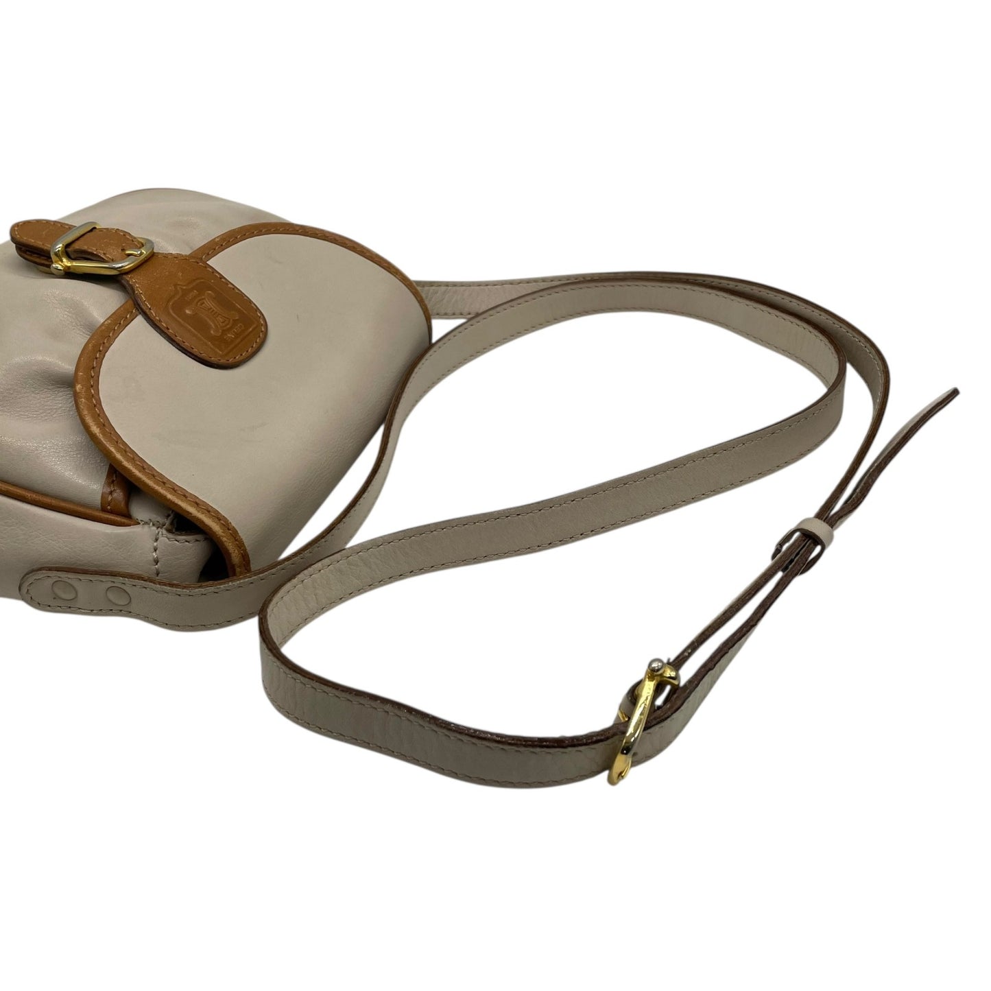 CELINE ヴィンテージ マカダムロゴ レザーショルダーバッグ M06 アイボリー×ブラウン ゴールド金具 クロスボディ オールドセリーヌ C3