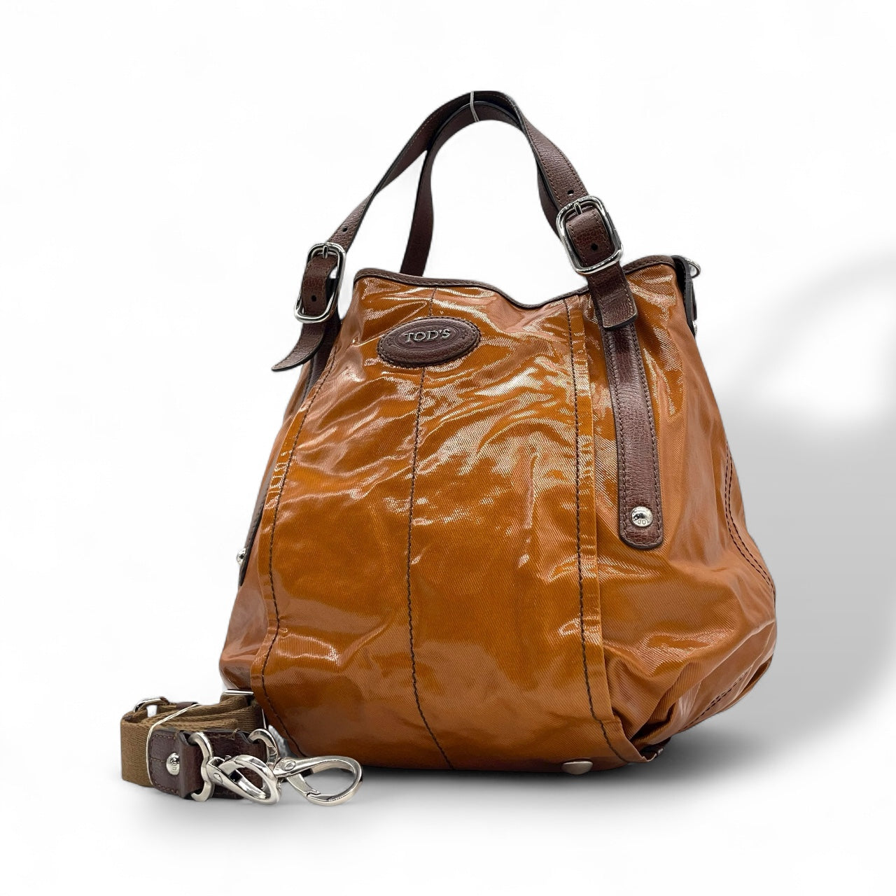 トッズ TOD’S レザー×ナイロン 2WAY トートバッグ ショルダーバッグ 茶色 ブラウン 光沢 大容量 レディース S95