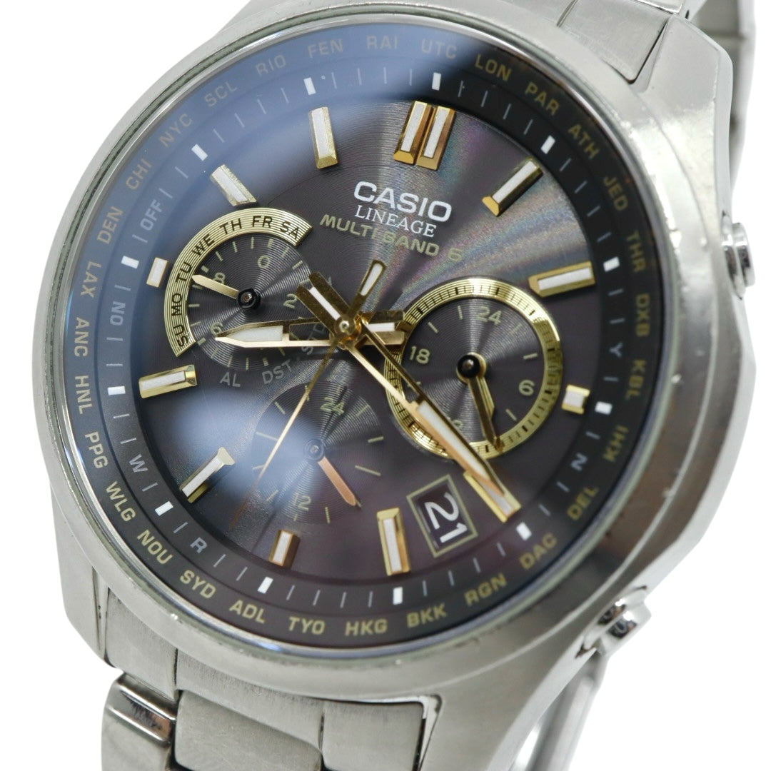 CASIO カシオ リニエージ 腕時計 LIW-M610TDS メンズ 電波ソーラー チタン MULTI BAND 6 タフソーラー クロノグラフ ワールドタイム 黒文字盤 ゴールドアクセント 高機能 サファイアガラス クリーニング済み G5