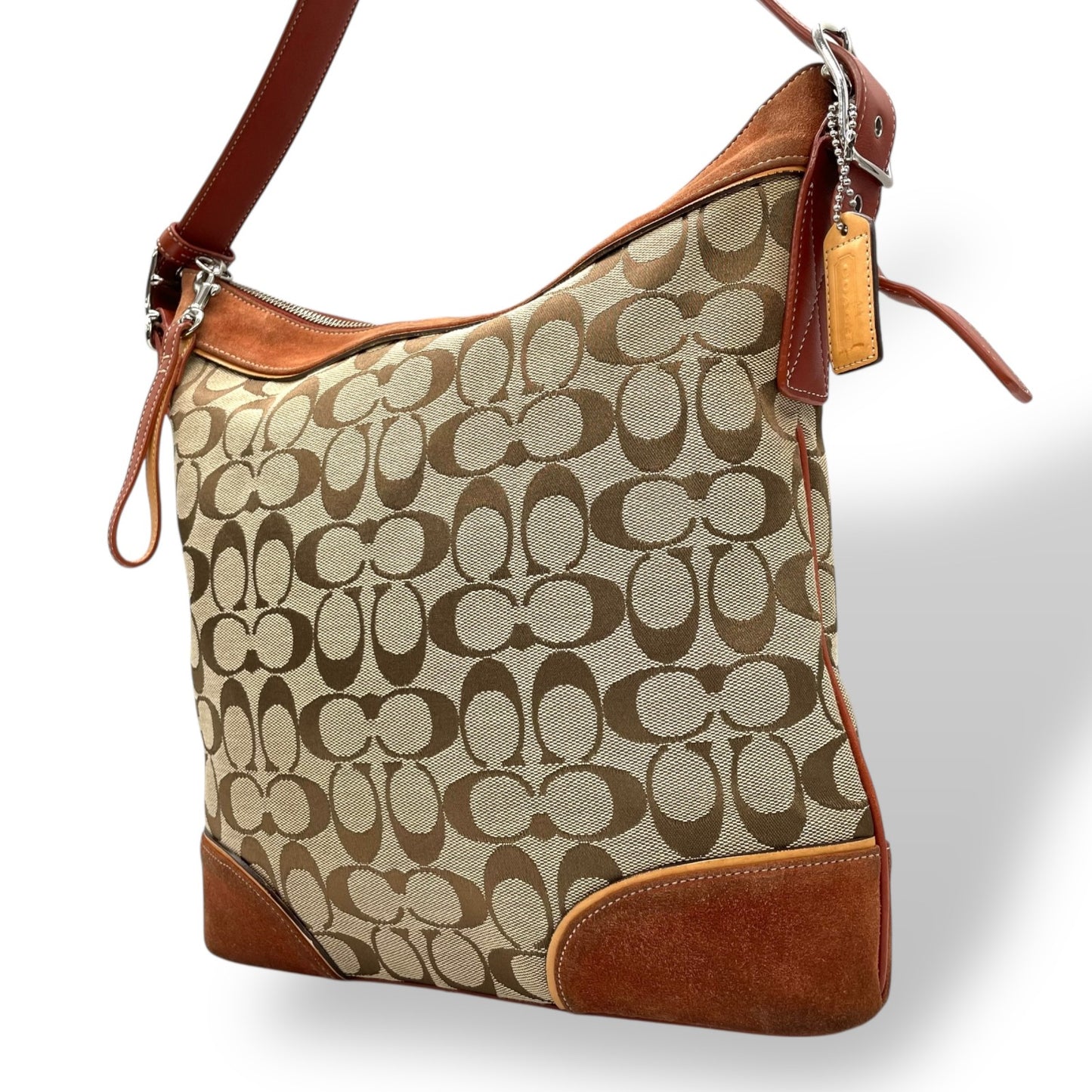 コーチ COACH シグネチャー ワンショルダーバッグ キャンバス スエード ブラウン系 茶色 トリミングレザー 肩掛けバッグ S91