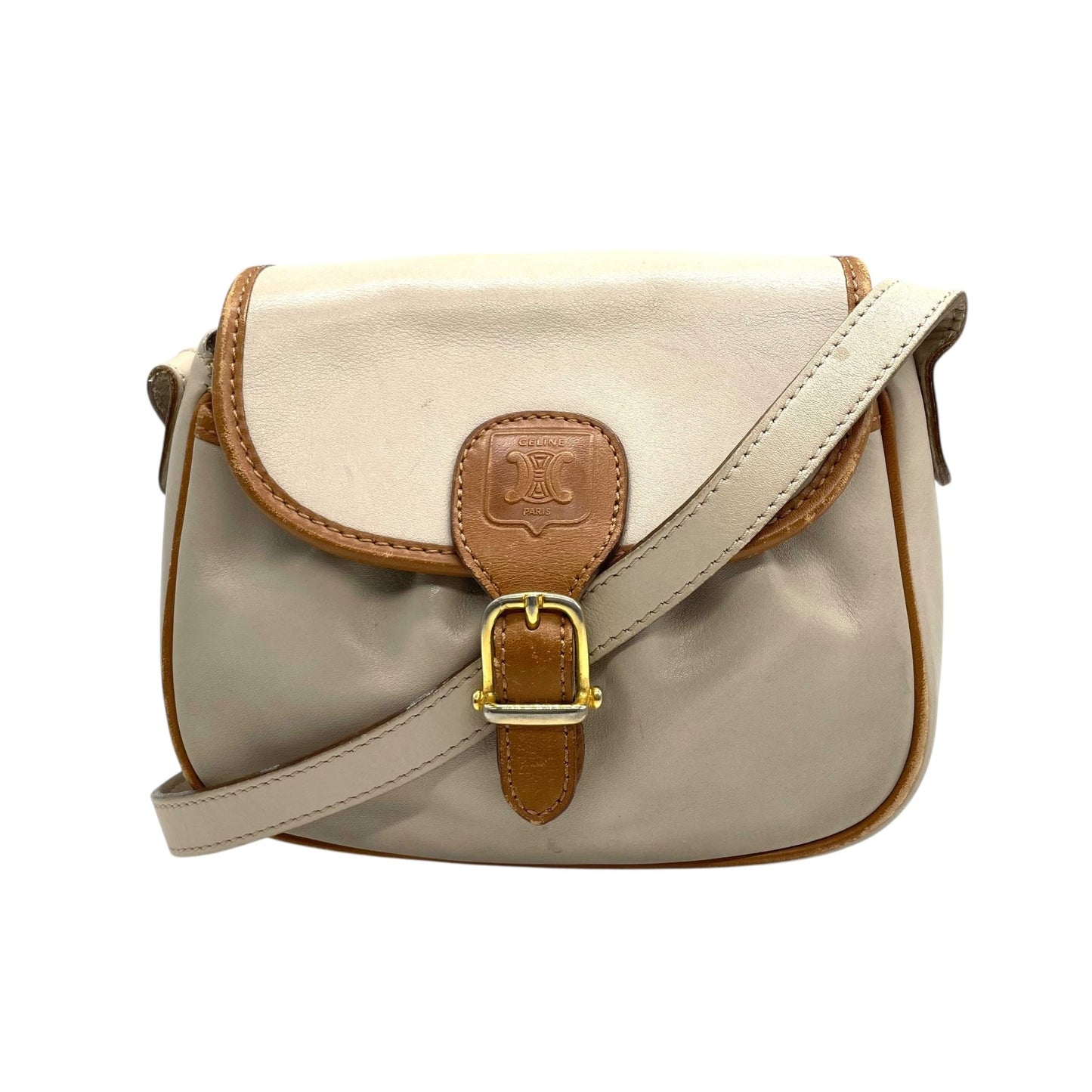 CELINE ヴィンテージ マカダムロゴ レザーショルダーバッグ M06 アイボリー×ブラウン ゴールド金具 クロスボディ オールドセリーヌ C3