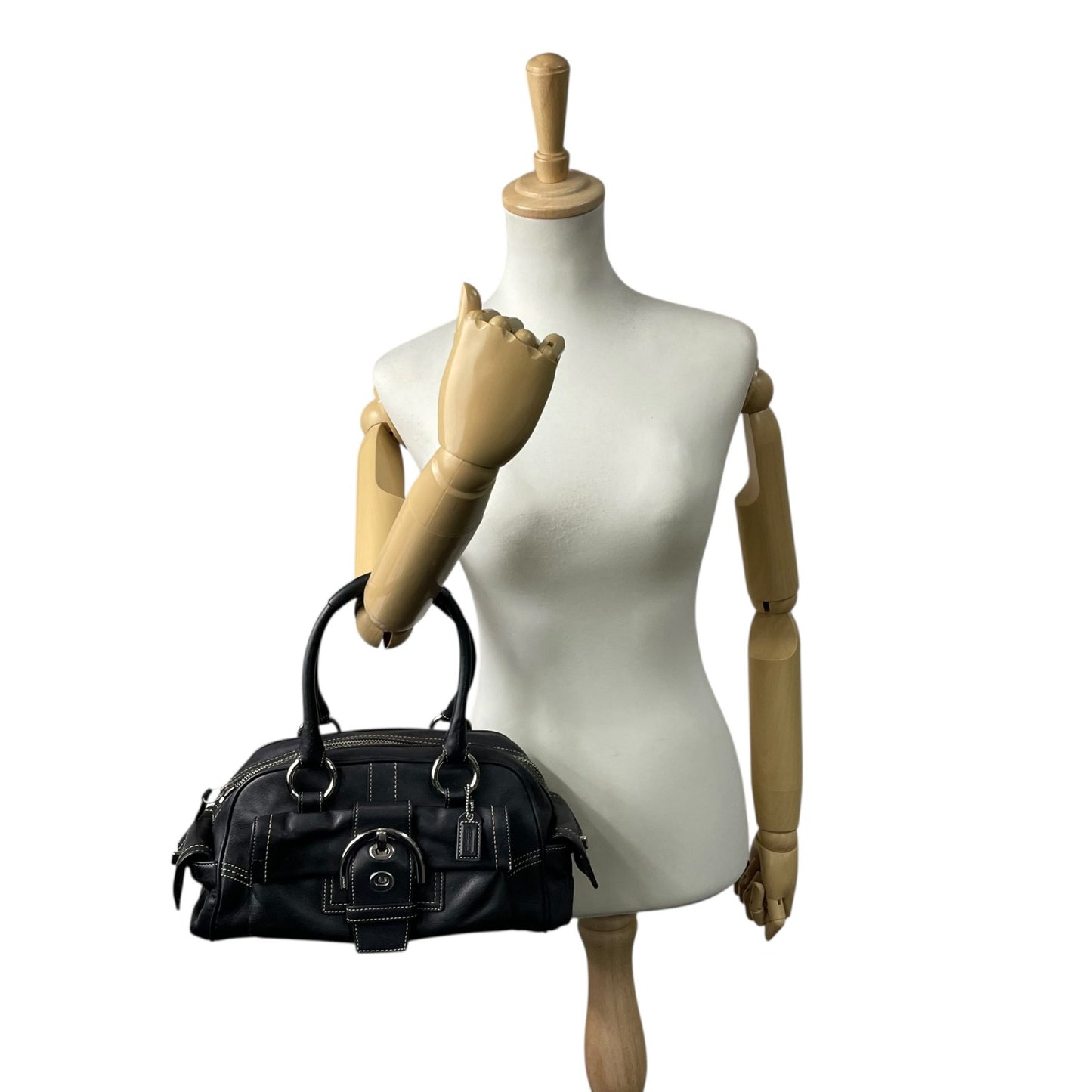 コーチ COACH レザー サッチェルバッグ ハンドバッグ ソーホー ロングハンドル ボストン ブラック 黒 ステッチ シルバー金具 ハンドバッグ 高級感 S91