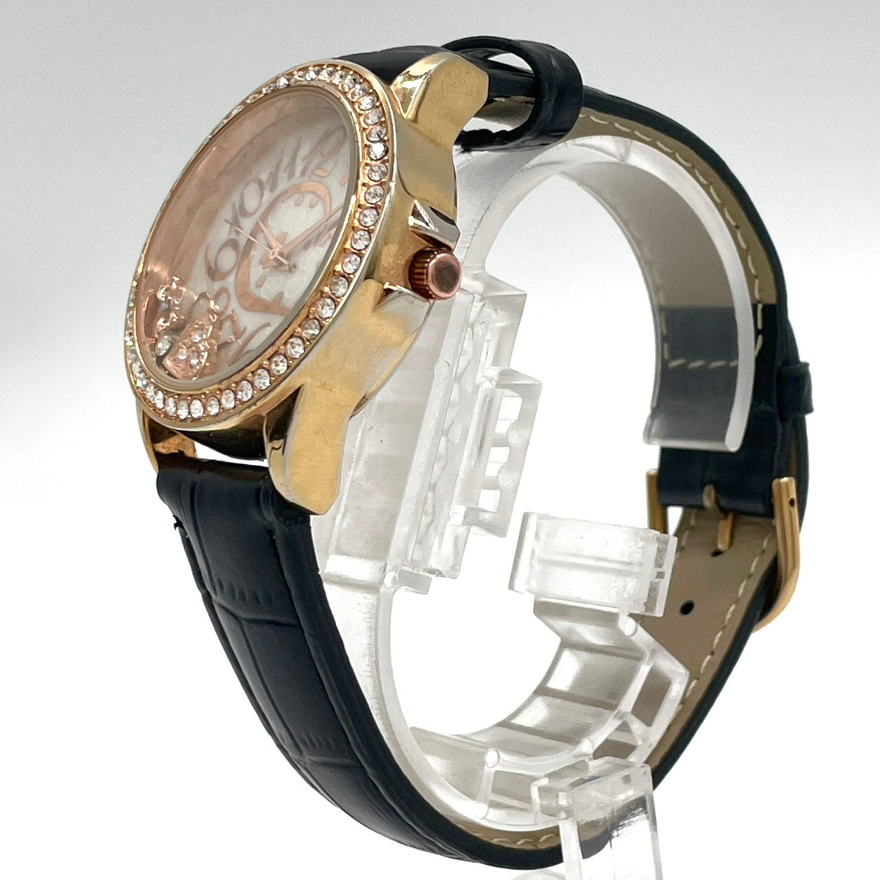 【稼働品/電池交換済】J-AXIS Lamue 腕時計 BL895 レディース クオーツ ゴールド 黒革ベルト ラインストーンベゼル ハートチャーム ギミック アナログ ラウンド ファッションウォッチ かわいい おしゃれ クリーニング済 G4