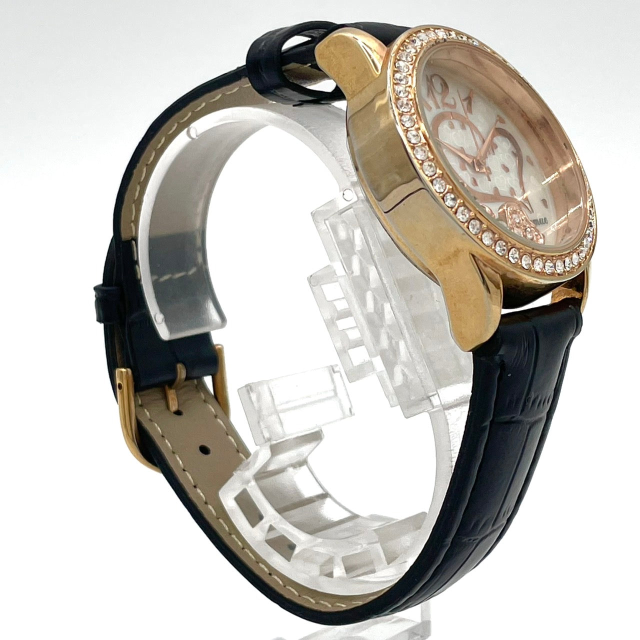 【稼働品/電池交換済】J-AXIS Lamue 腕時計 BL895 レディース クオーツ ゴールド 黒革ベルト ラインストーンベゼル ハートチャーム ギミック アナログ ラウンド ファッションウォッチ かわいい おしゃれ クリーニング済 G4