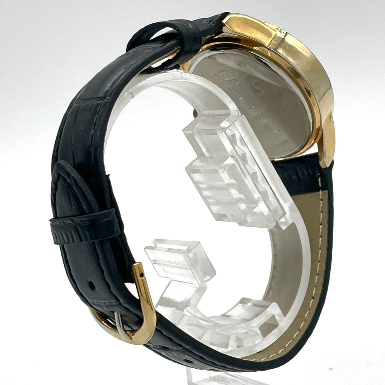 【稼働品/電池交換済】J-AXIS Lamue 腕時計 BL895 レディース クオーツ ゴールド 黒革ベルト ラインストーンベゼル ハートチャーム ギミック アナログ ラウンド ファッションウォッチ かわいい おしゃれ クリーニング済 G4