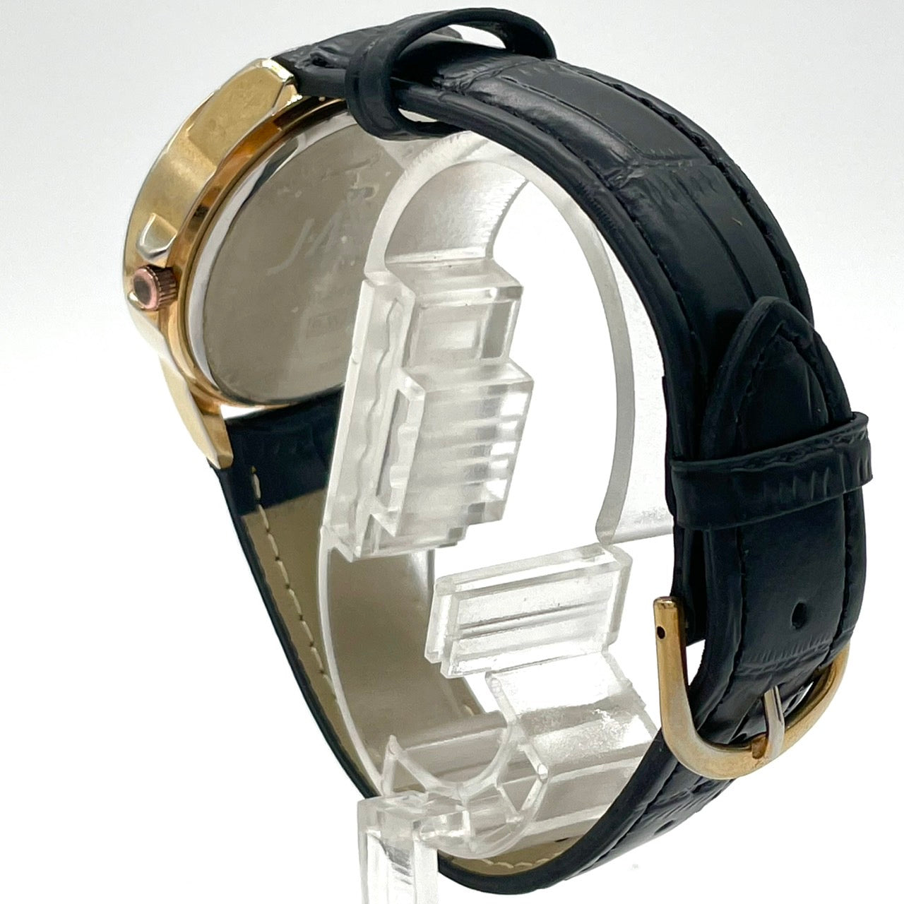 【稼働品/電池交換済】J-AXIS Lamue 腕時計 BL895 レディース クオーツ ゴールド 黒革ベルト ラインストーンベゼル ハートチャーム ギミック アナログ ラウンド ファッションウォッチ かわいい おしゃれ クリーニング済 G4