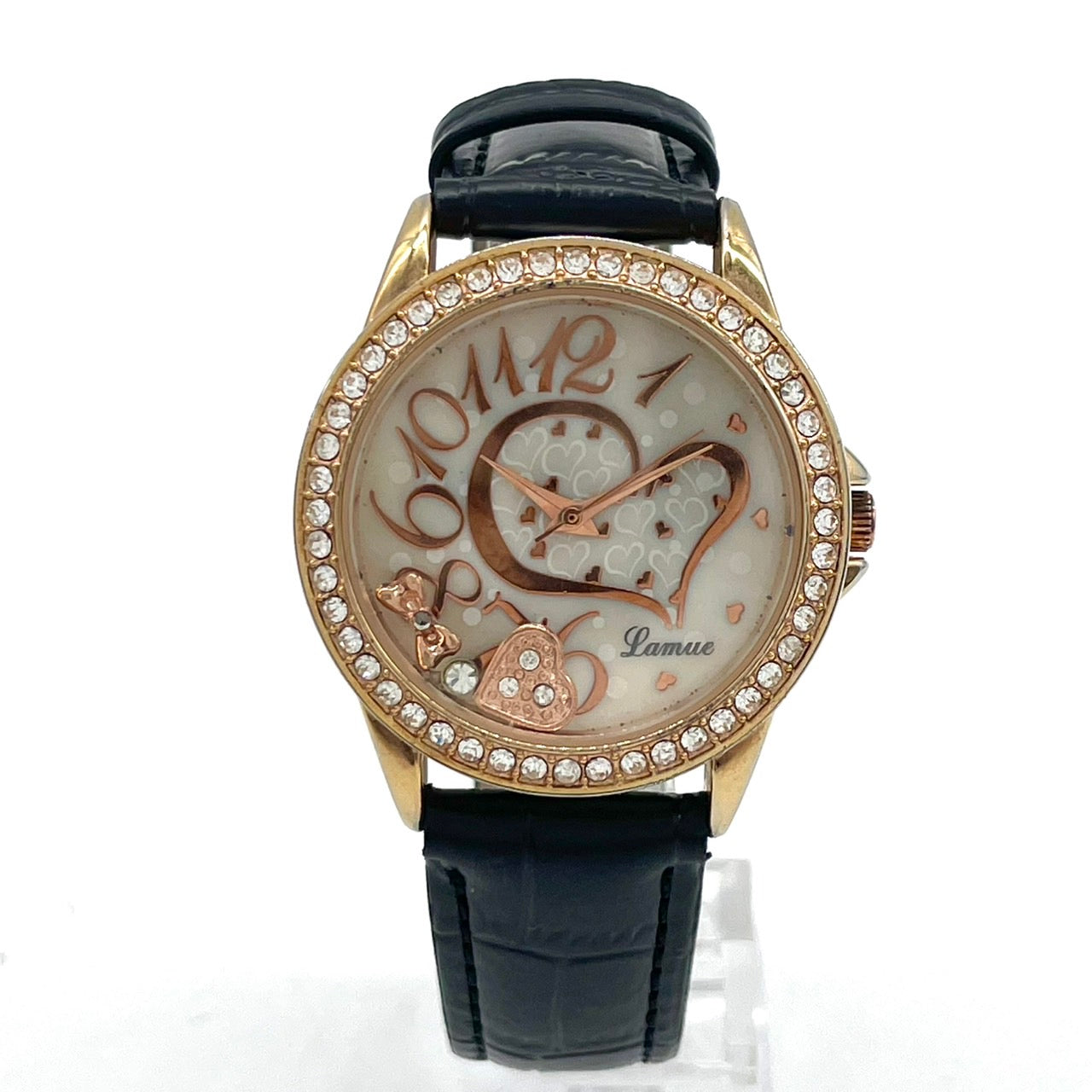 【稼働品/電池交換済】J-AXIS Lamue 腕時計 BL895 レディース クオーツ ゴールド 黒革ベルト ラインストーンベゼル ハートチャーム ギミック アナログ ラウンド ファッションウォッチ かわいい おしゃれ クリーニング済 G4
