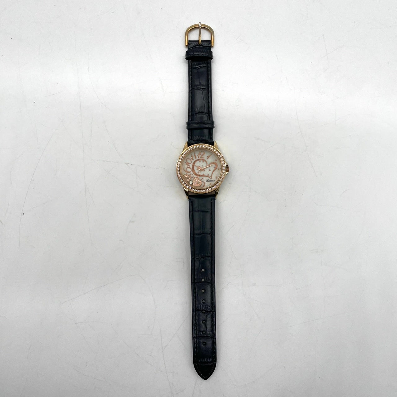 【稼働品/電池交換済】J-AXIS Lamue 腕時計 BL895 レディース クオーツ ゴールド 黒革ベルト ラインストーンベゼル ハートチャーム ギミック アナログ ラウンド ファッションウォッチ かわいい おしゃれ クリーニング済 G4