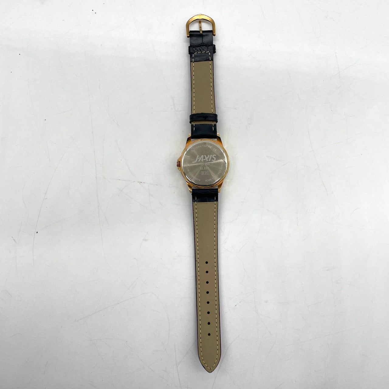 【稼働品/電池交換済】J-AXIS Lamue 腕時計 BL895 レディース クオーツ ゴールド 黒革ベルト ラインストーンベゼル ハートチャーム ギミック アナログ ラウンド ファッションウォッチ かわいい おしゃれ クリーニング済 G4