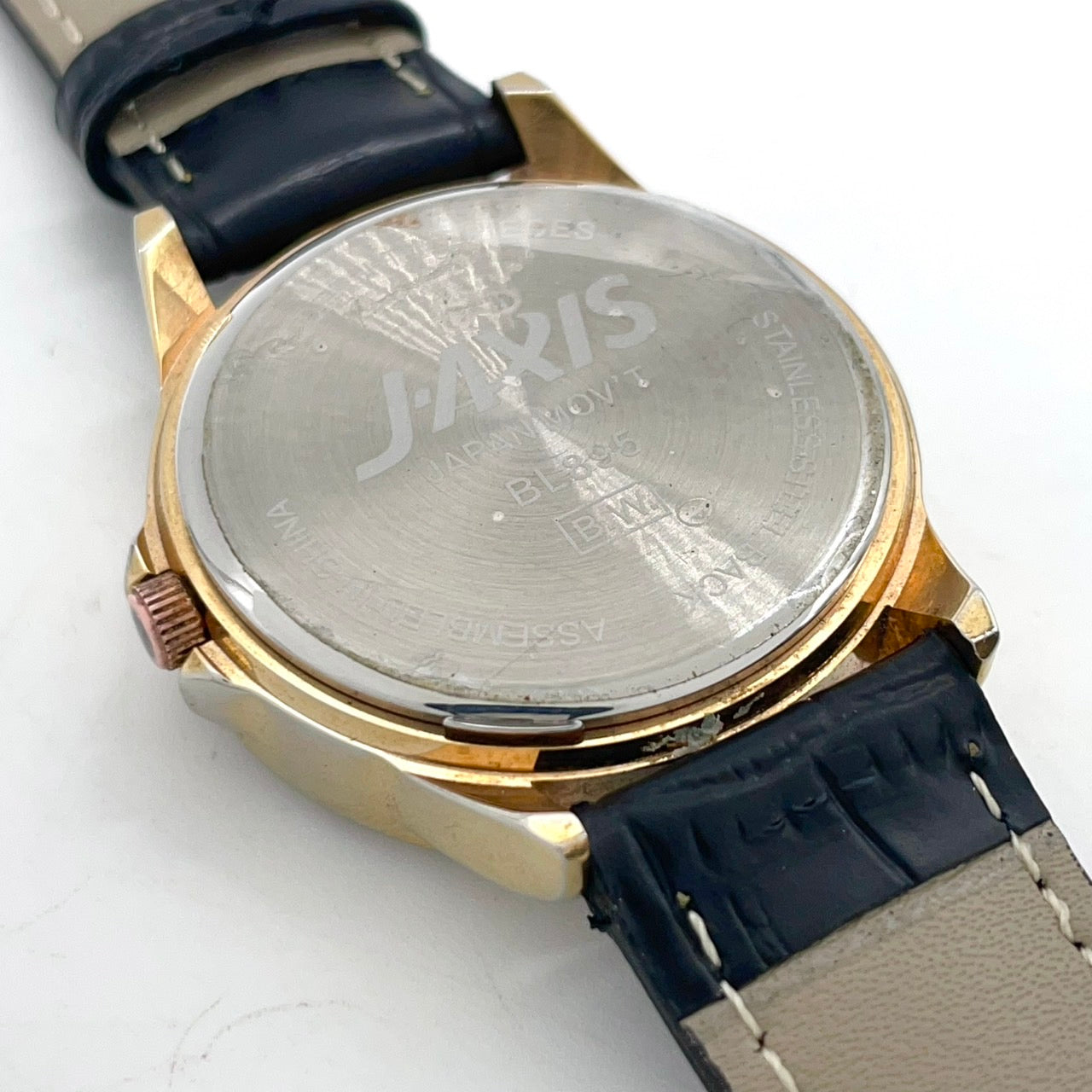 【稼働品/電池交換済】J-AXIS Lamue 腕時計 BL895 レディース クオーツ ゴールド 黒革ベルト ラインストーンベゼル ハートチャーム ギミック アナログ ラウンド ファッションウォッチ かわいい おしゃれ クリーニング済 G4