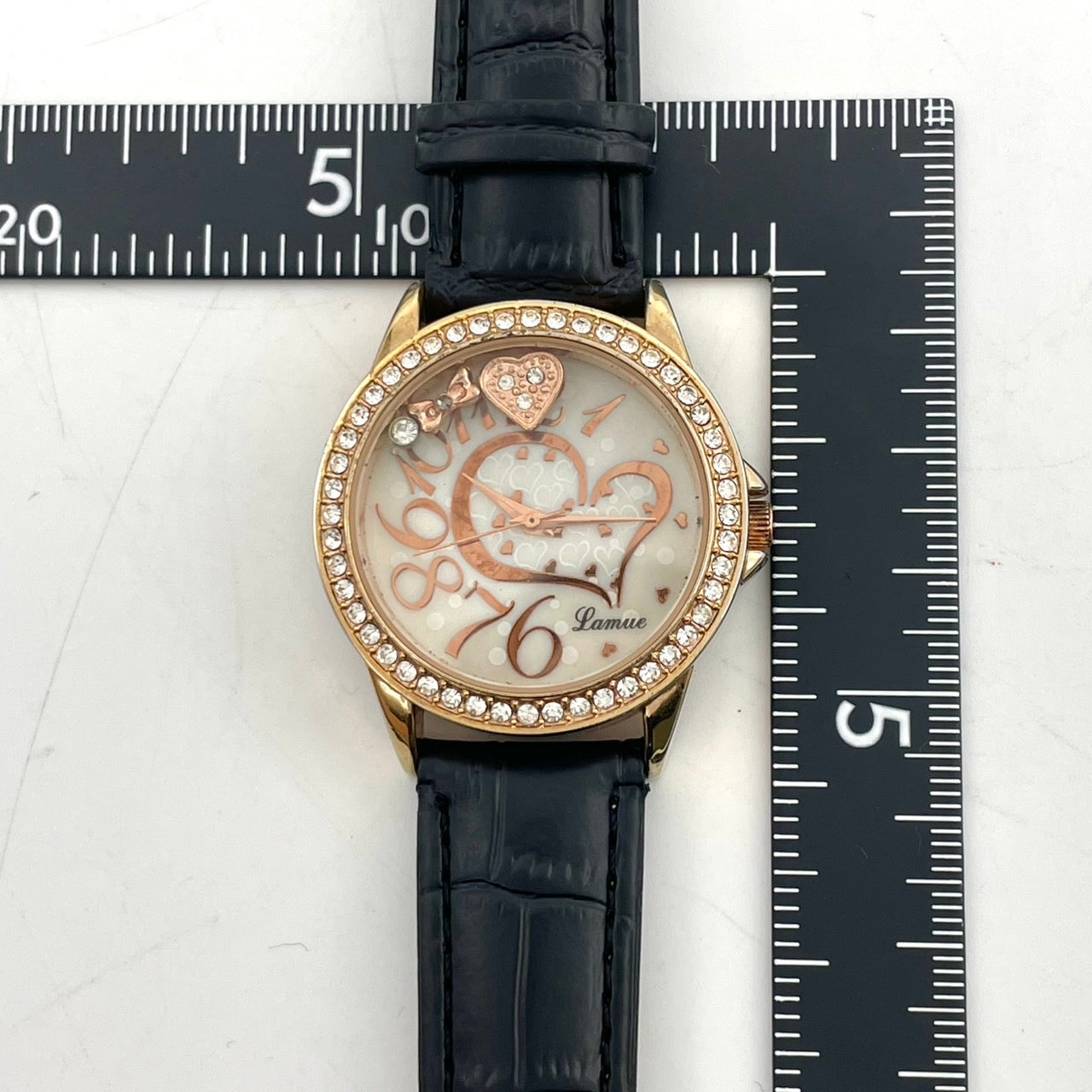 【稼働品/電池交換済】J-AXIS Lamue 腕時計 BL895 レディース クオーツ ゴールド 黒革ベルト ラインストーンベゼル ハートチャーム ギミック アナログ ラウンド ファッションウォッチ かわいい おしゃれ クリーニング済 G4