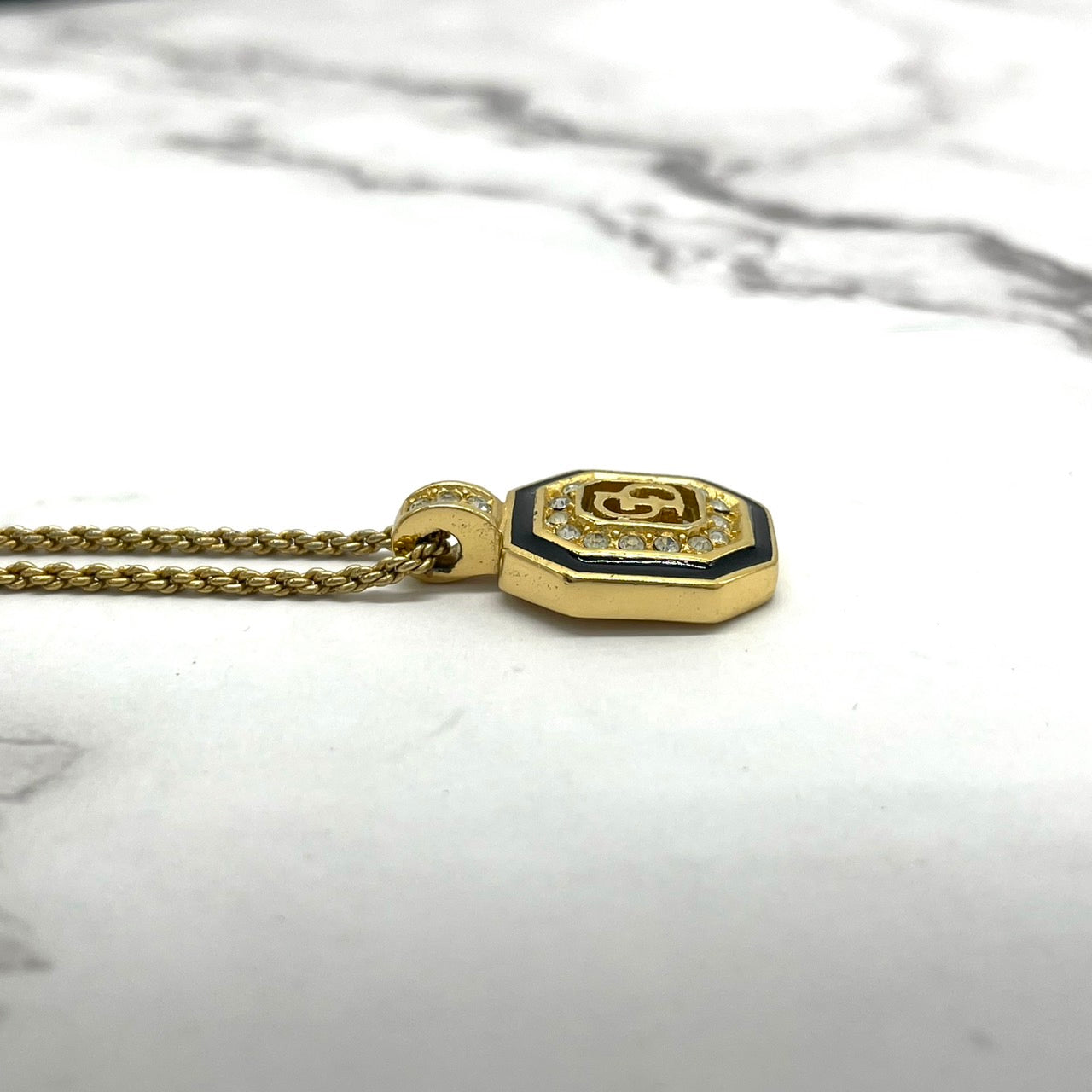 美品 Christian Dior クリスチャンディオール ネックレス CDロゴ ロゴプレート ラインストーン ゴールドチェーン ヴィンテージ ジュエリー レディース I3