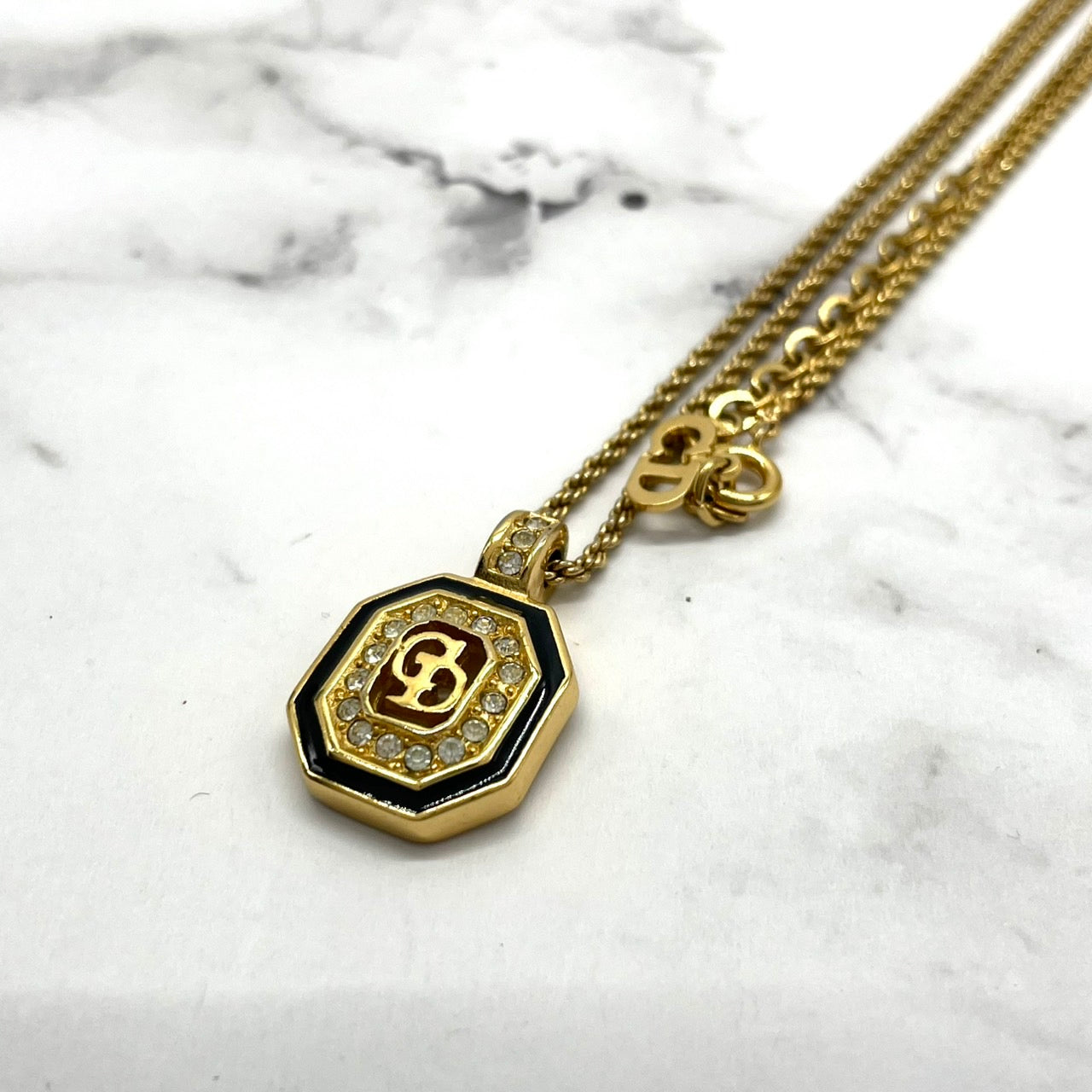 美品 Christian Dior クリスチャンディオール ネックレス CDロゴ ロゴプレート ラインストーン ゴールドチェーン ヴィンテージ ジュエリー レディース I3