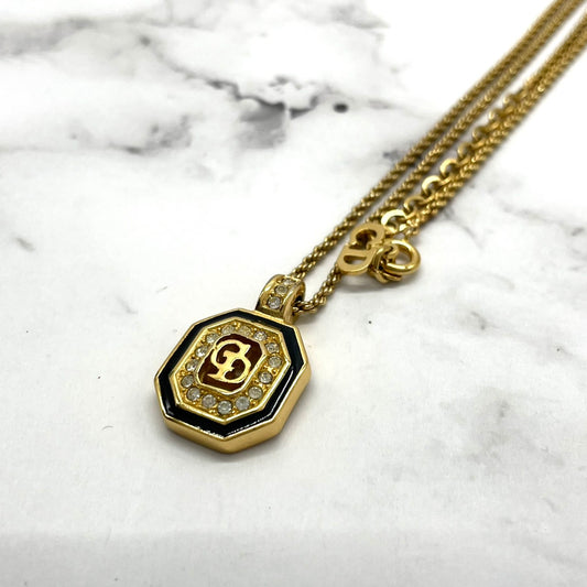 美品 Christian Dior クリスチャンディオール ネックレス CDロゴ ロゴプレート ラインストーン ゴールドチェーン ヴィンテージ ジュエリー レディース I3