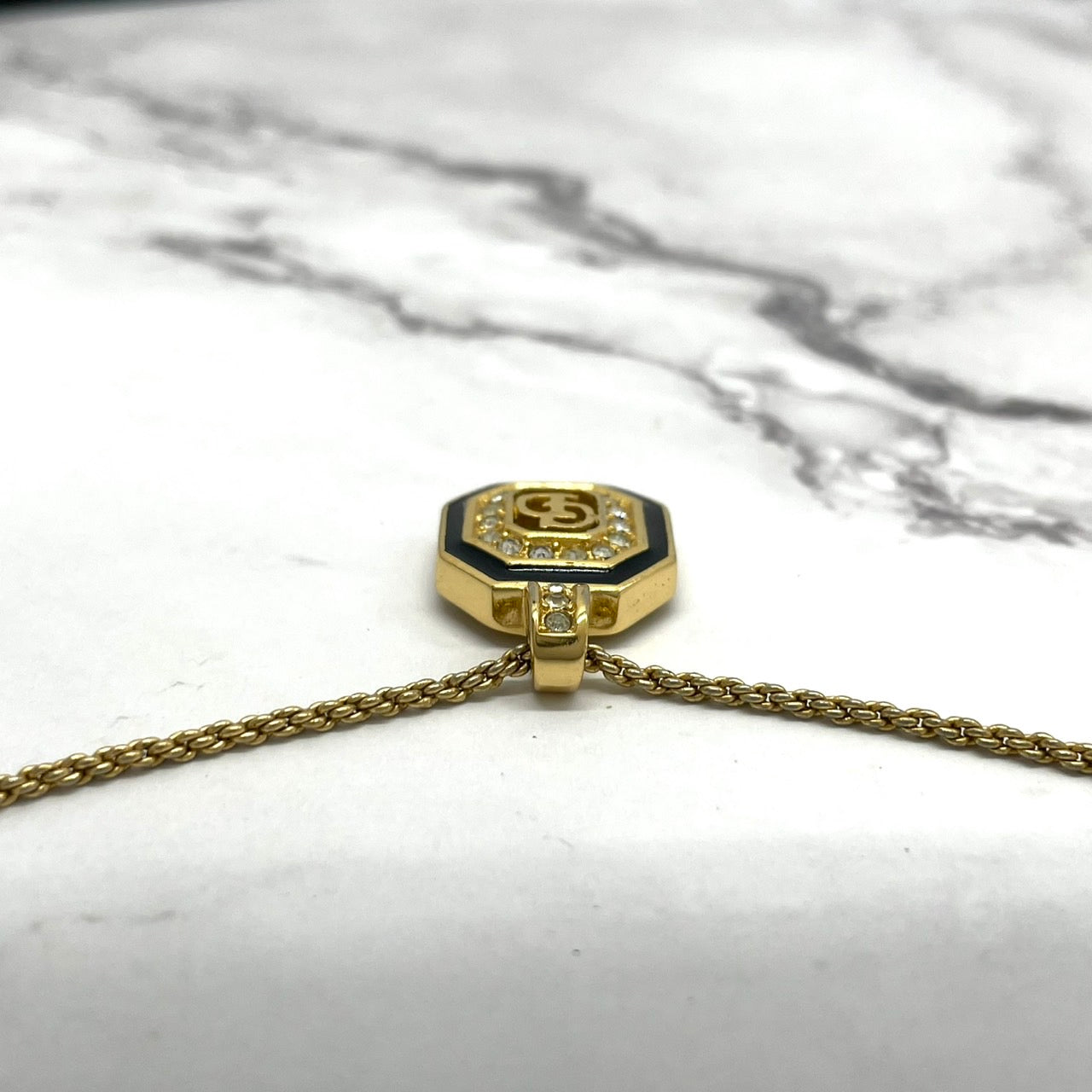 美品 Christian Dior クリスチャンディオール ネックレス CDロゴ ロゴプレート ラインストーン ゴールドチェーン ヴィンテージ ジュエリー レディース I3