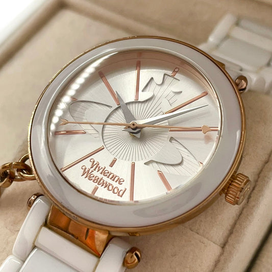 【電池交換済/稼働品】ヴィヴィアンウエストウッド セラミック 腕時計 レディース 白 ローズゴールド オーブ チャーム アナログ クオーツ オーブ チャーム Vivienne Westwood VV069RSWH クリーニング済 G3