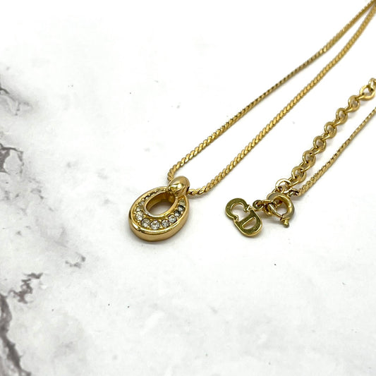 美品 Christian Dior クリスチャンディオール ヴィンテージ ネックレス ラインストーン ペンダント ゴールドカラー アジャスター CDロゴ ジュエリー アクセサリー I1