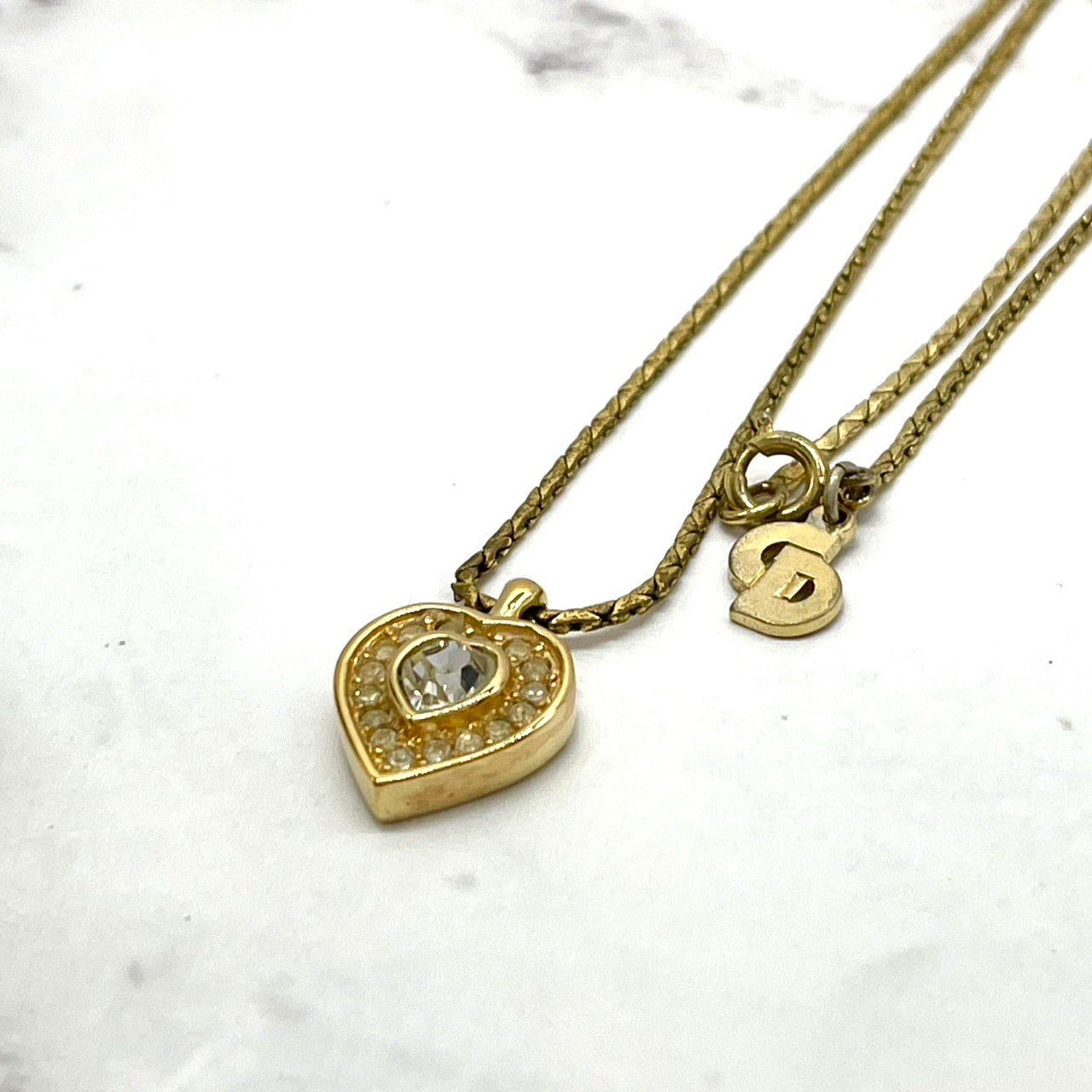 美品 Christian Dior クリスチャンディオール ヴィンテージ ネックレス ハートモチーフ ラインストーン CDロゴ ペンダント ゴールドカラー アクセサリー ジュエリー レディース I1