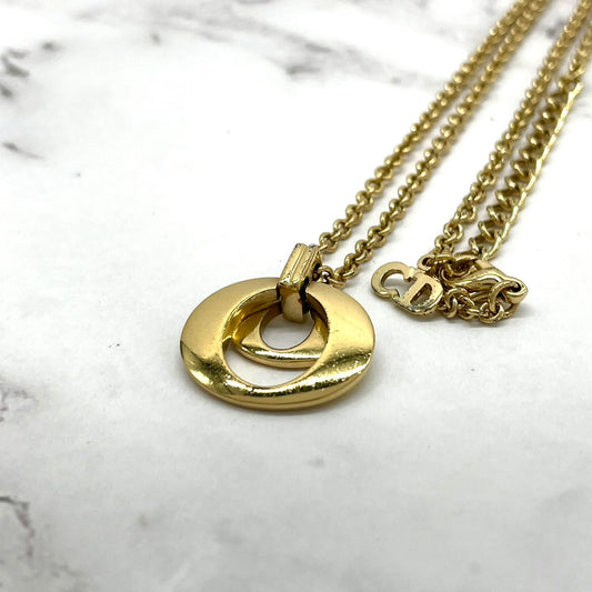 美品 Christian Dior クリスチャンディオール ヴィンテージ ネックレス ダブルサークル CDロゴ アジャスター ペンダント ゴールドカラー アクセサリー ジュエリー レディース I1