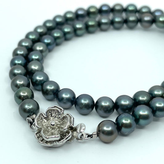 着色あこや真珠 養殖真珠 ネックレス 6.3-6.5mm シルバー留め具 ブラック 黒 パール 全長43.8cm フォーマル 冠婚葬祭 i5