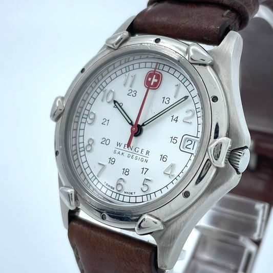 Authentic WENGER S.A.K. DESIGN Military Watch Quartz Date White Dial Swiss Made