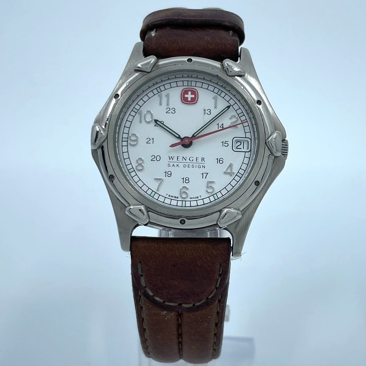 Authentic WENGER S.A.K. DESIGN Military Watch Quartz Date White Dial Swiss Made