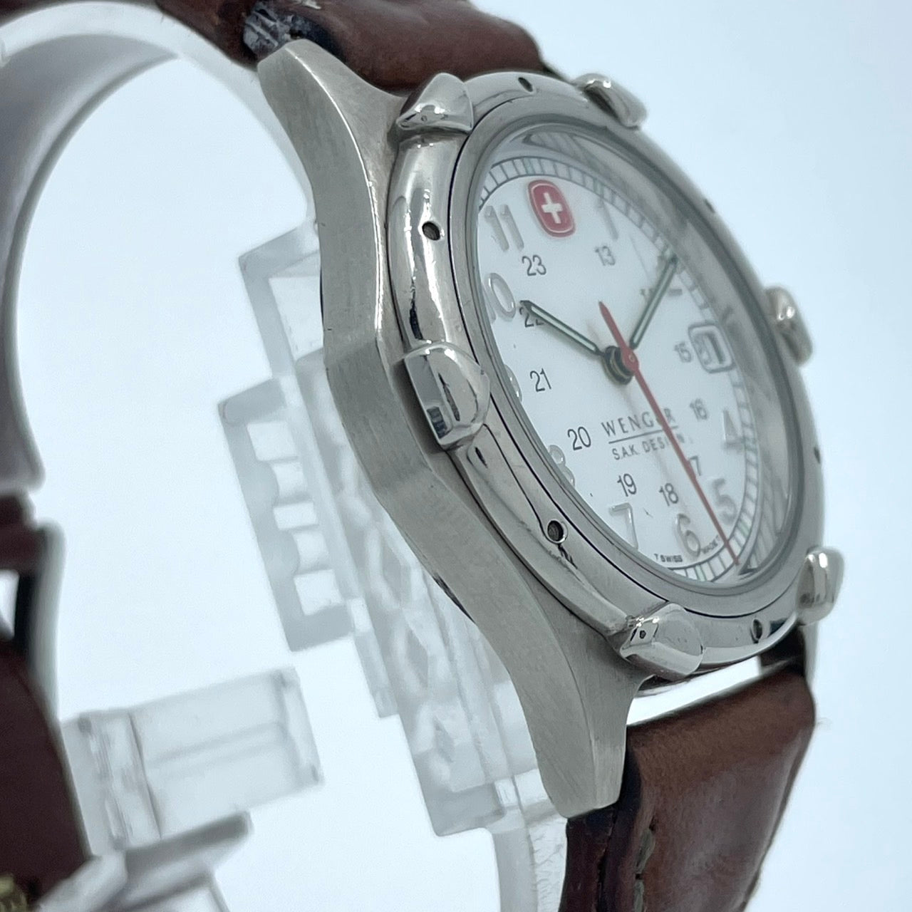 Authentic WENGER S.A.K. DESIGN Military Watch Quartz Date White Dial Swiss Made