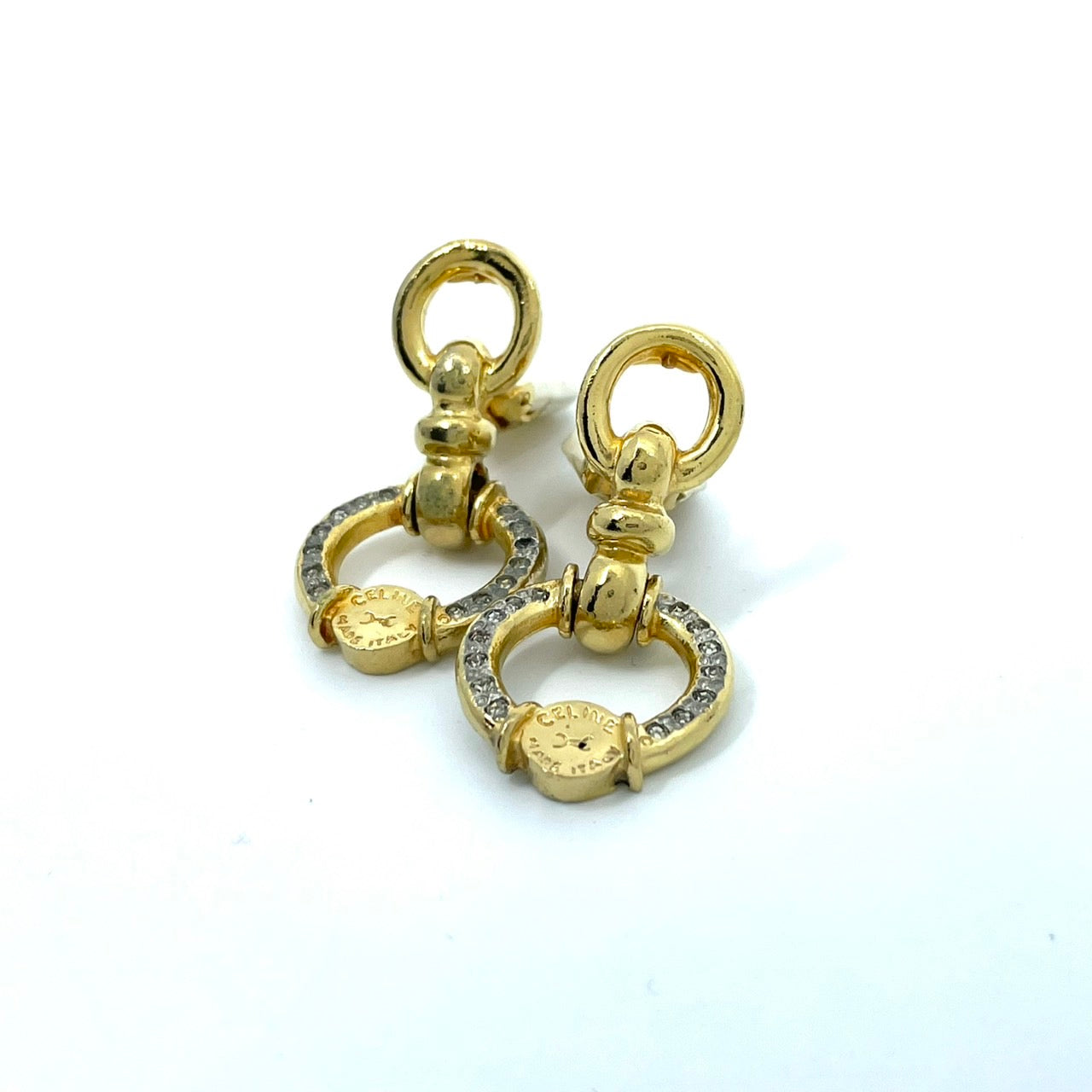 CELINE セリーヌ サークルモチーフ ラインストーン ロゴ ゴールドカラー イヤリング ヴィンテージ ジュエリー アクセサリー オールドセリーヌ レディース I7