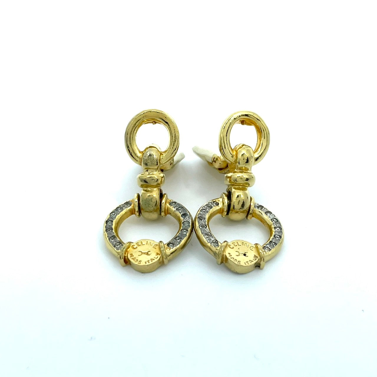 CELINE セリーヌ サークルモチーフ ラインストーン ロゴ ゴールドカラー イヤリング ヴィンテージ ジュエリー アクセサリー オールドセリーヌ レディース I7