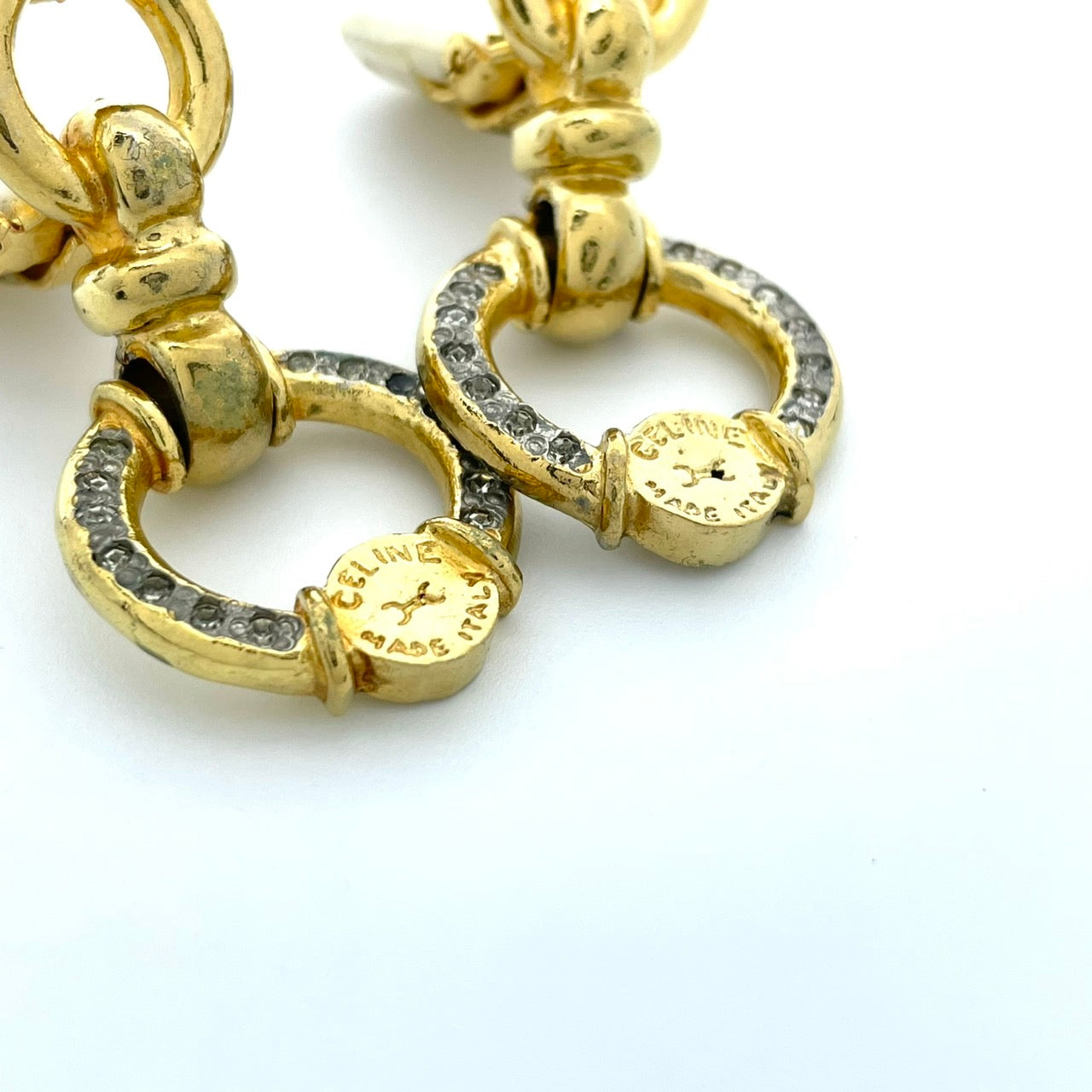 CELINE セリーヌ サークルモチーフ ラインストーン ロゴ ゴールドカラー イヤリング ヴィンテージ ジュエリー アクセサリー オールドセリーヌ レディース I7