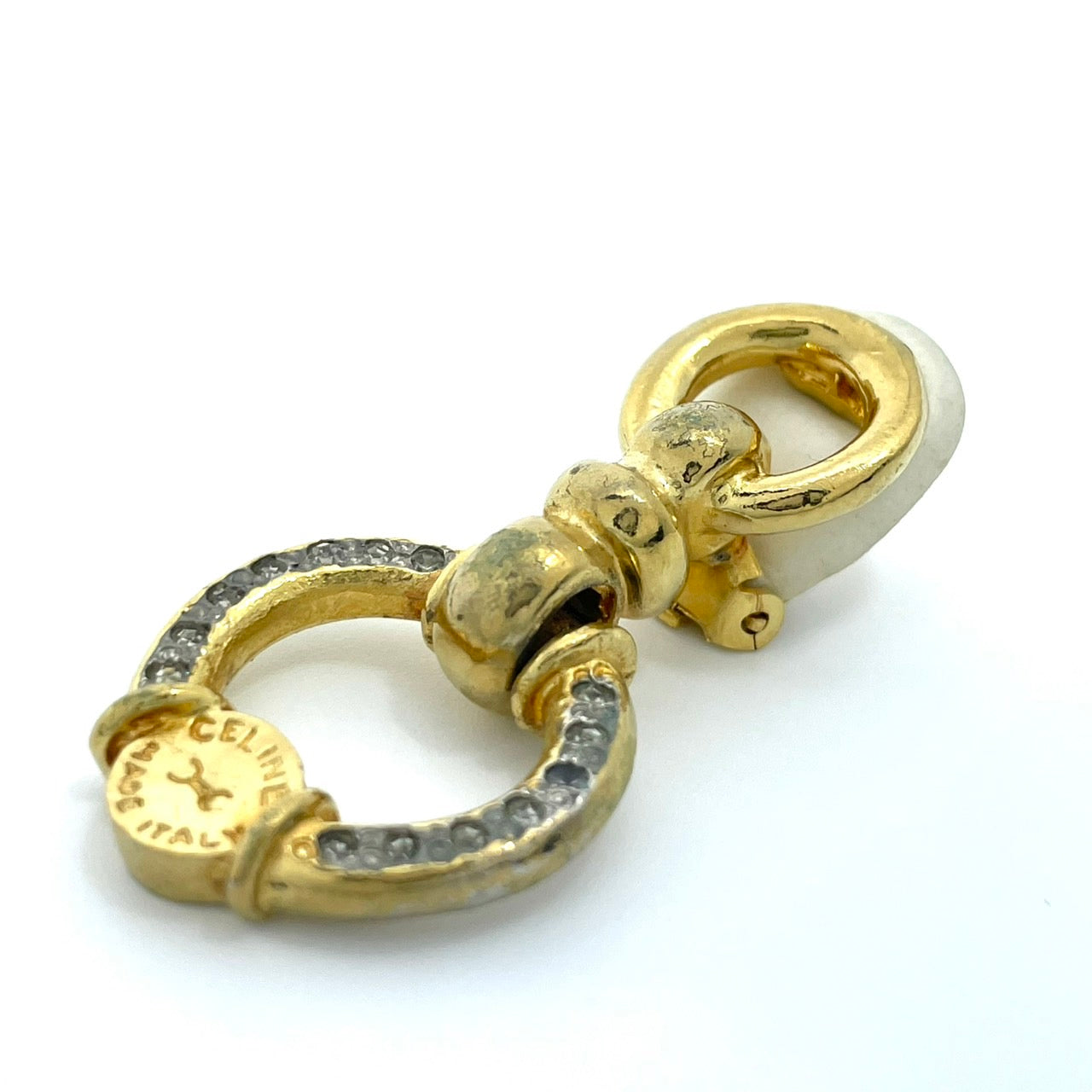 CELINE セリーヌ サークルモチーフ ラインストーン ロゴ ゴールドカラー イヤリング ヴィンテージ ジュエリー アクセサリー オールドセリーヌ レディース I7