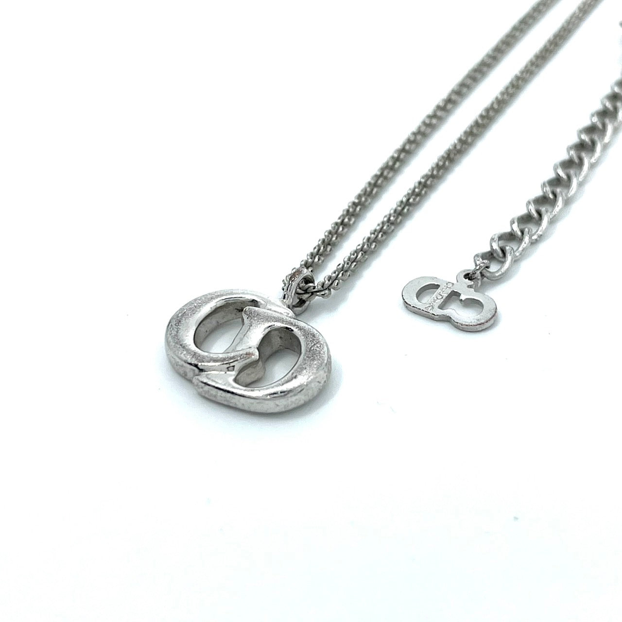 Authentic Christian Dior Vintage CD Logo Pendant Necklace Silver Tone Adjustable