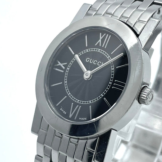 【電池交換済】GUCCI グッチ 5200L.1 レディース腕時計 クオーツ ブラック文字盤 ラウンド ローマンインデックス アナログ ドレスウォッチ エレガント クラシックデザイン ステンレススティール クリーニング済み G